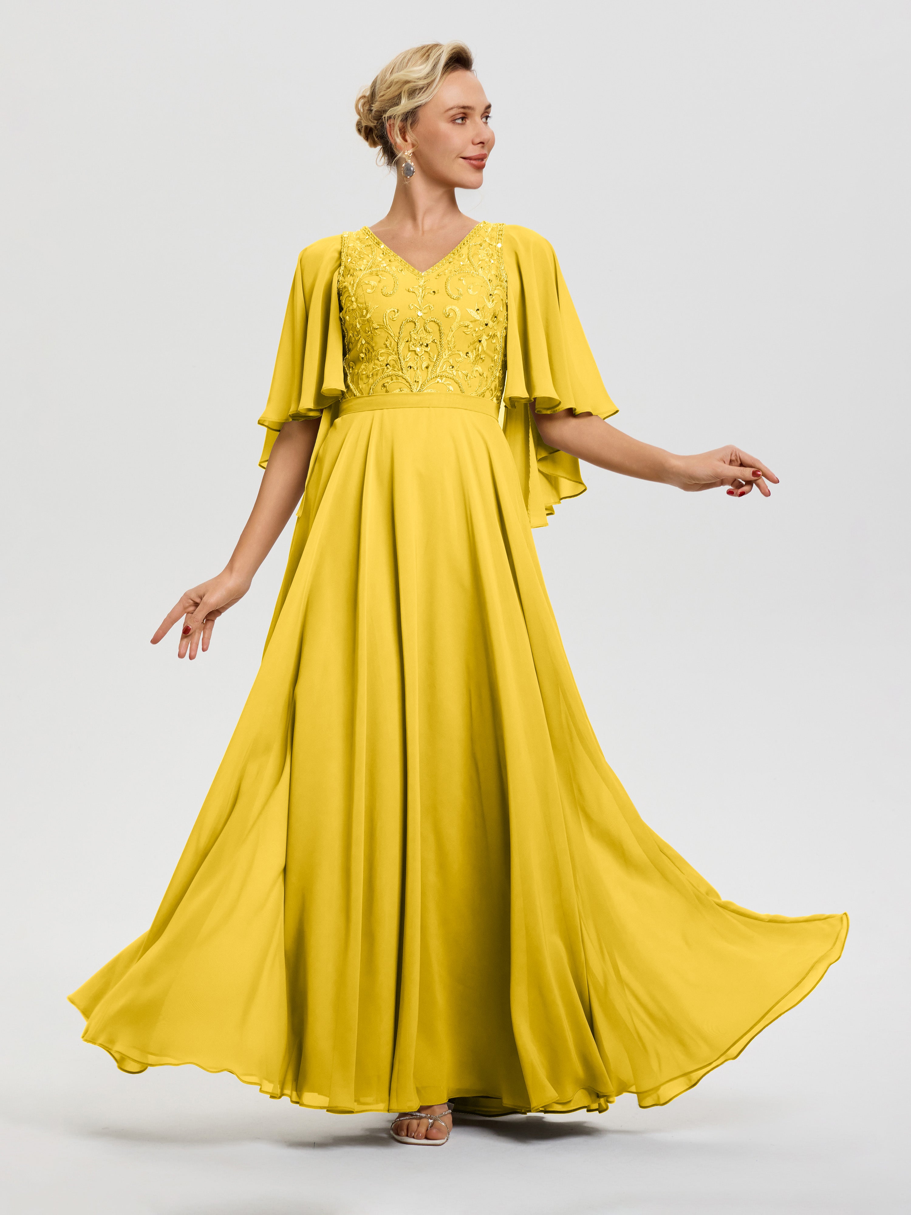 Robe Mère Mariée Moderne Souci Col V Mousseline & Dentelle Robe Mère De Mariée Manches À Volants