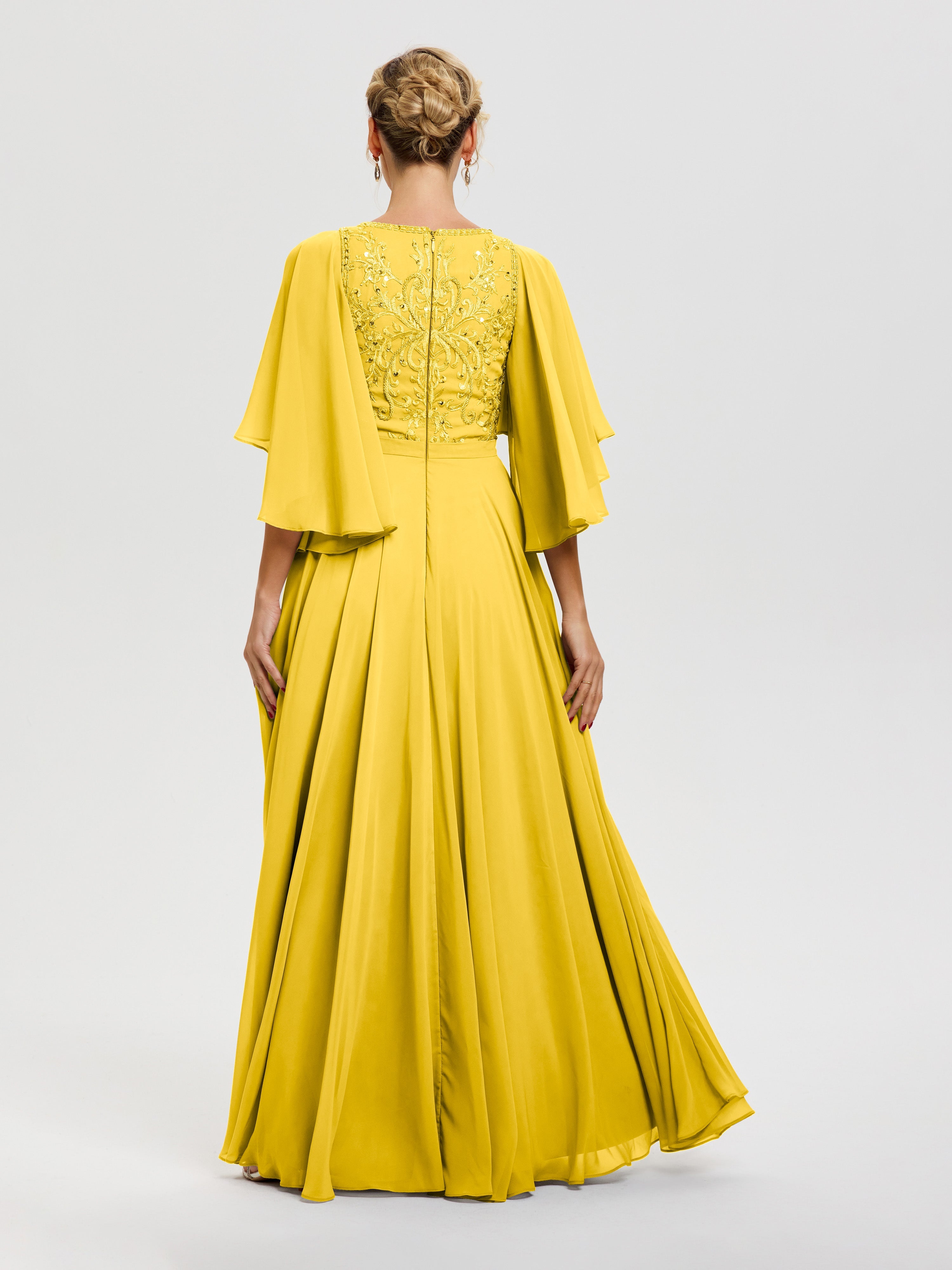 Robe Mère Mariée Moderne Souci Col V Mousseline & Dentelle Robe Mère De Mariée Manches À Volants