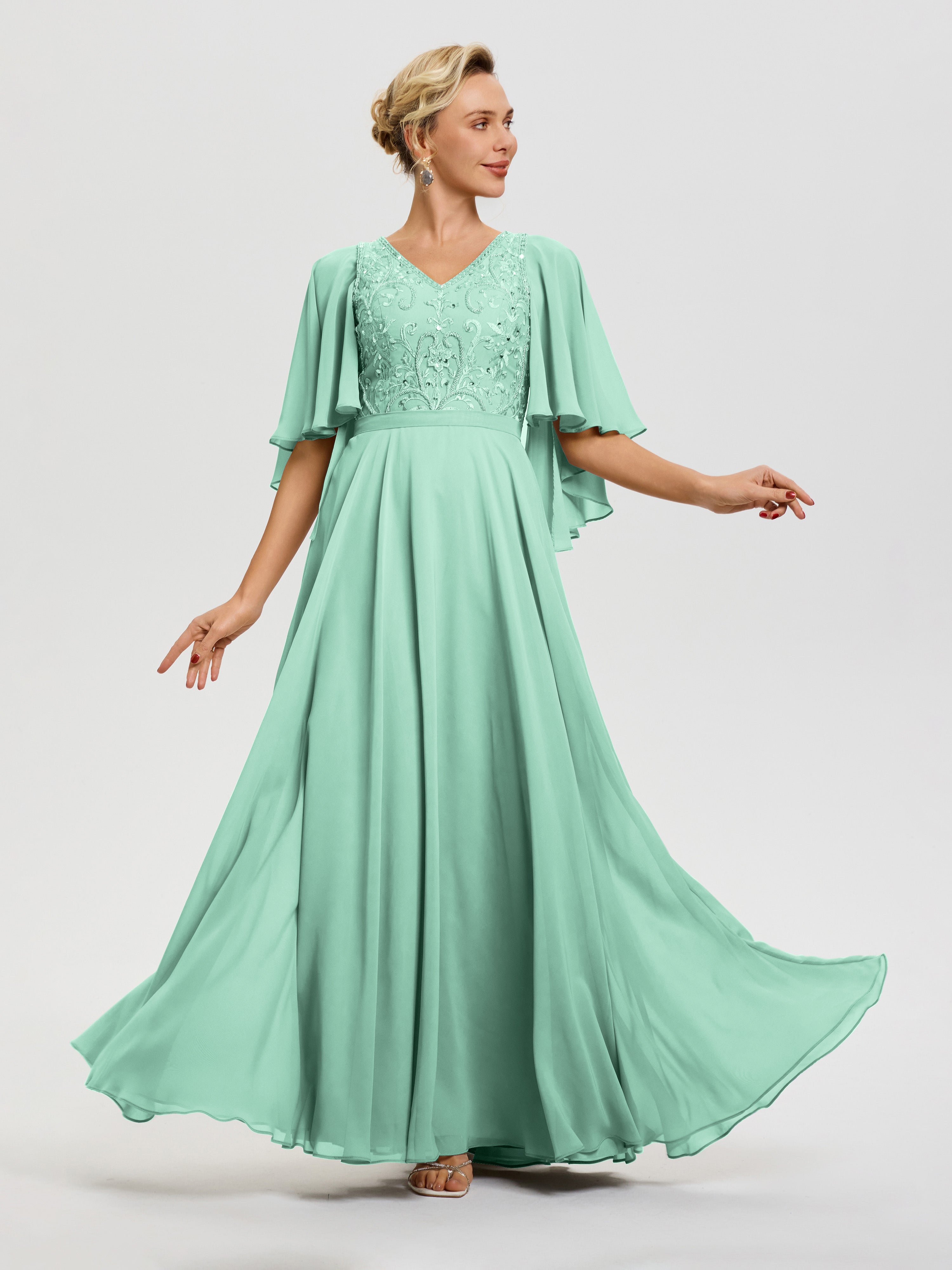 Robe Mère Mariée Moderne Vert Menthe Col V Mousseline & Dentelle Robe Mère De Mariée Manches À Volants
