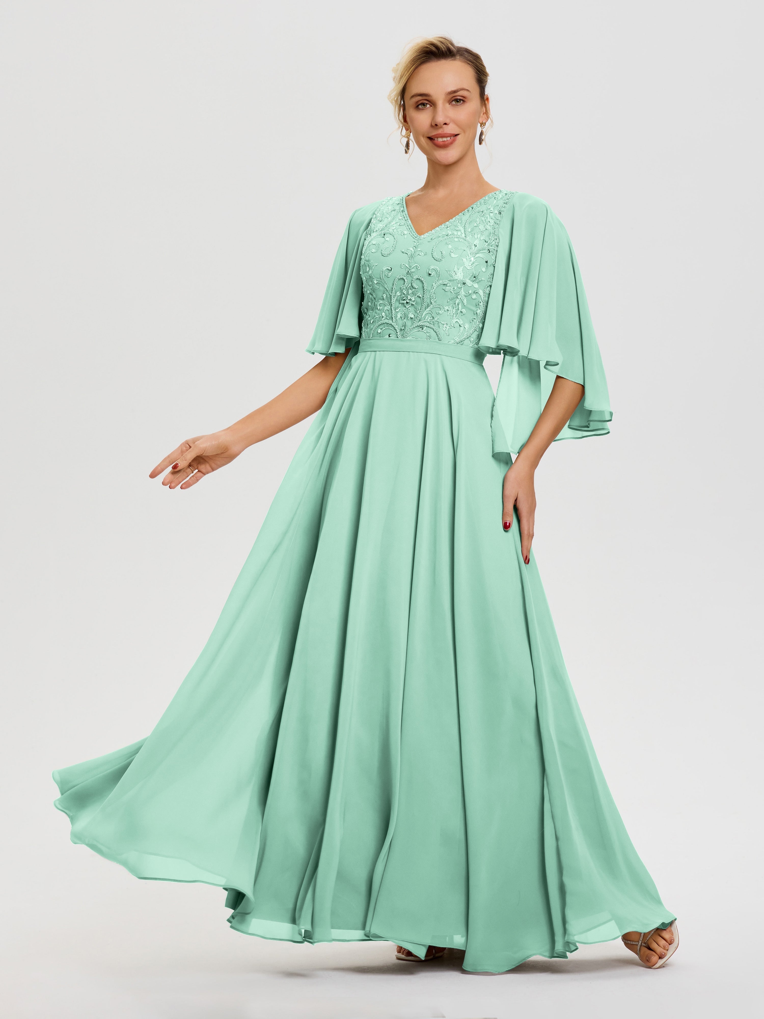 Robe Mère Mariée Moderne Vert Menthe Col V Mousseline & Dentelle Robe Mère De Mariée Manches À Volants