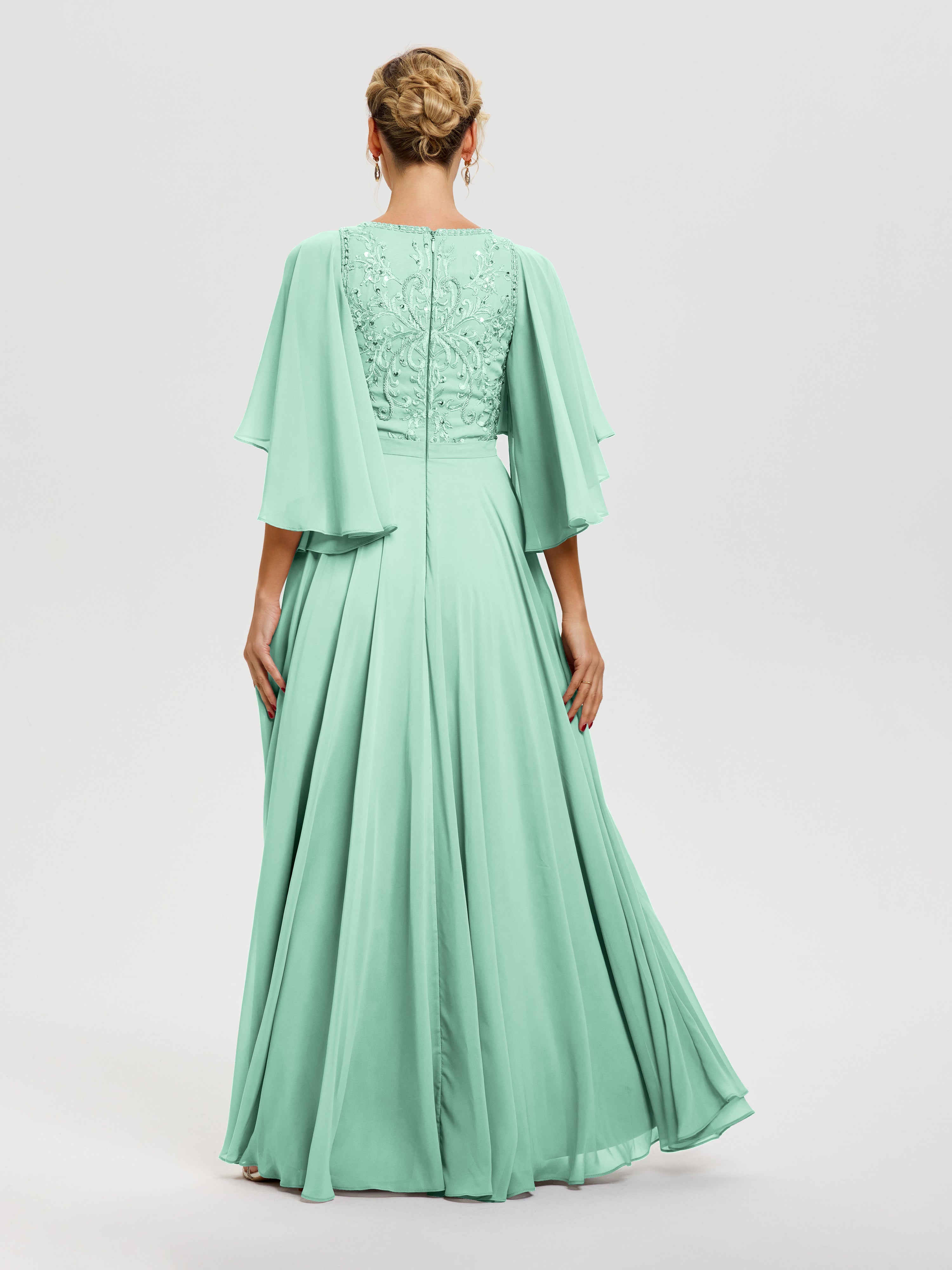 Robe Mère Mariée Moderne Vert Menthe Col V Mousseline & Dentelle Robe Mère De Mariée Manches À Volants