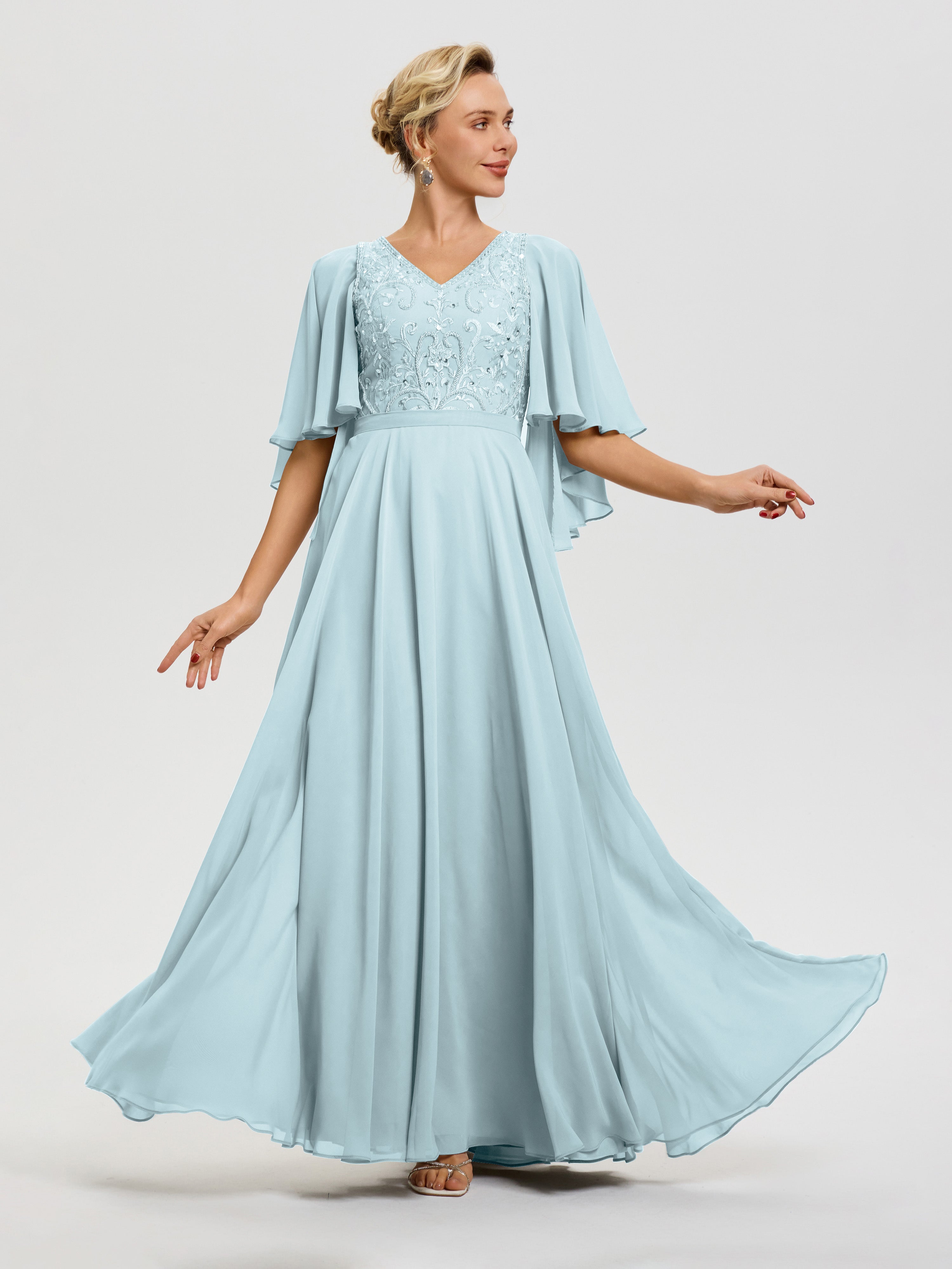 Robe Mère Du Marié Brume Col V Mousseline & Dentelle Robe Mère De Mariée Manches À Volants