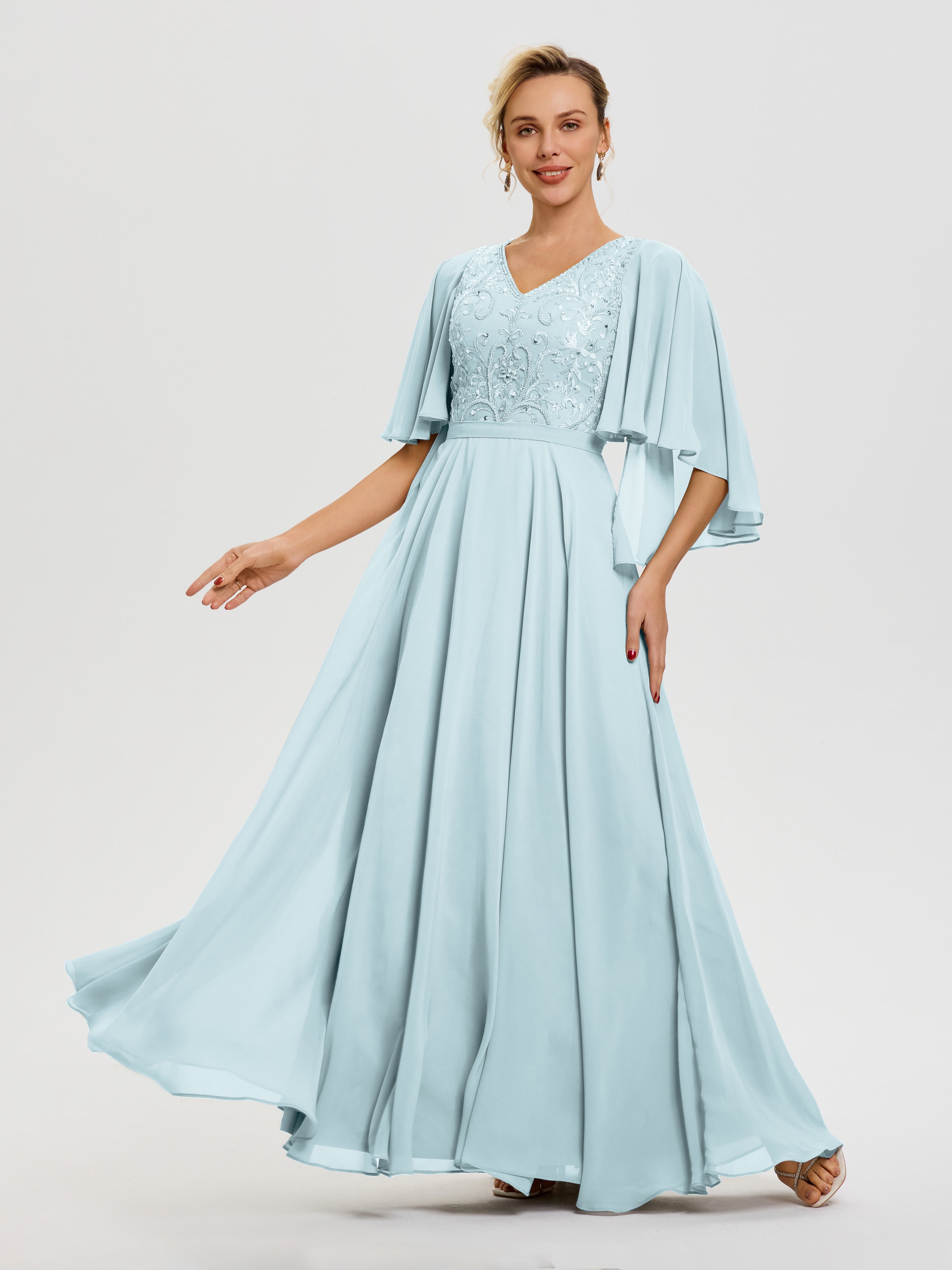 Robe Mère Du Marié Brume Col V Mousseline & Dentelle Robe Mère De Mariée Manches À Volants