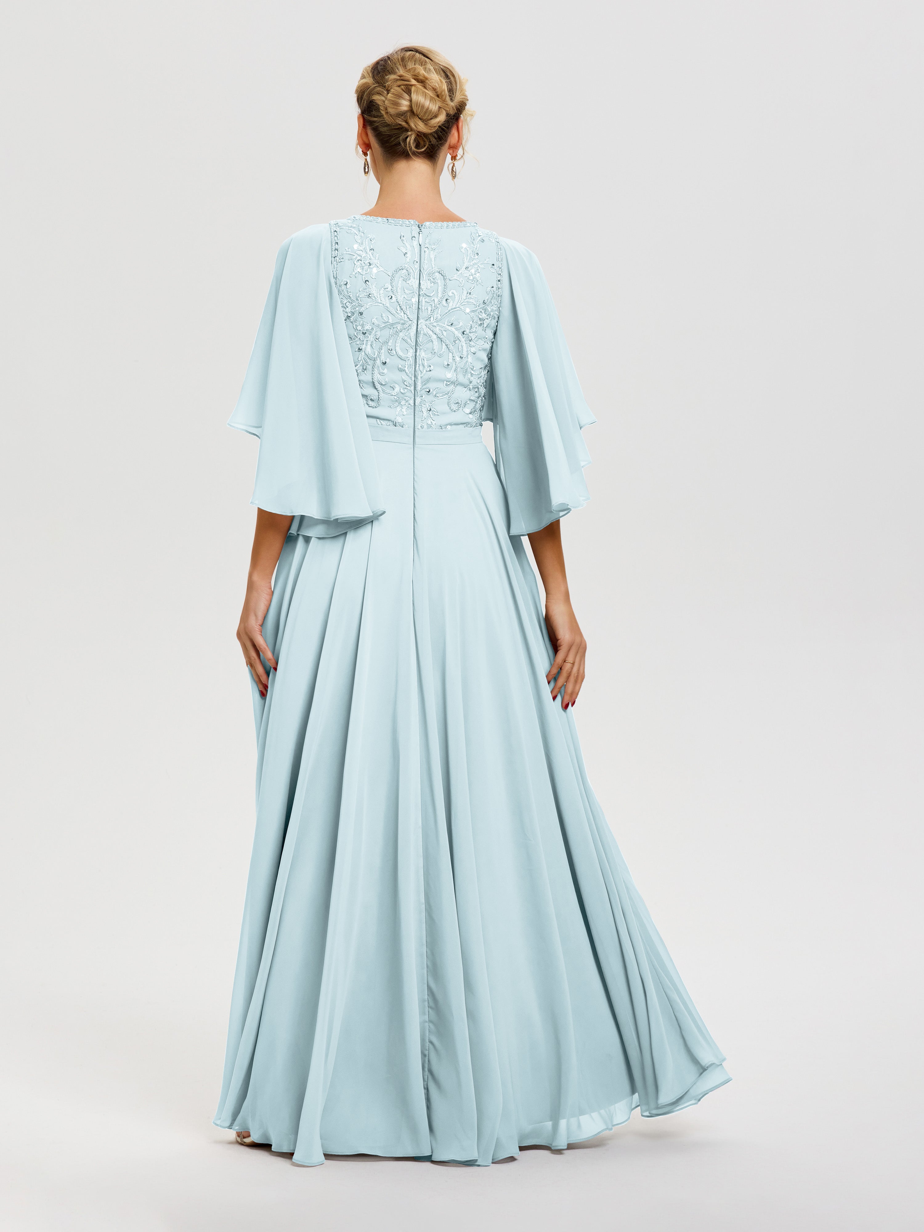 Robe Mère Du Marié Brume Col V Mousseline & Dentelle Robe Mère De Mariée Manches À Volants