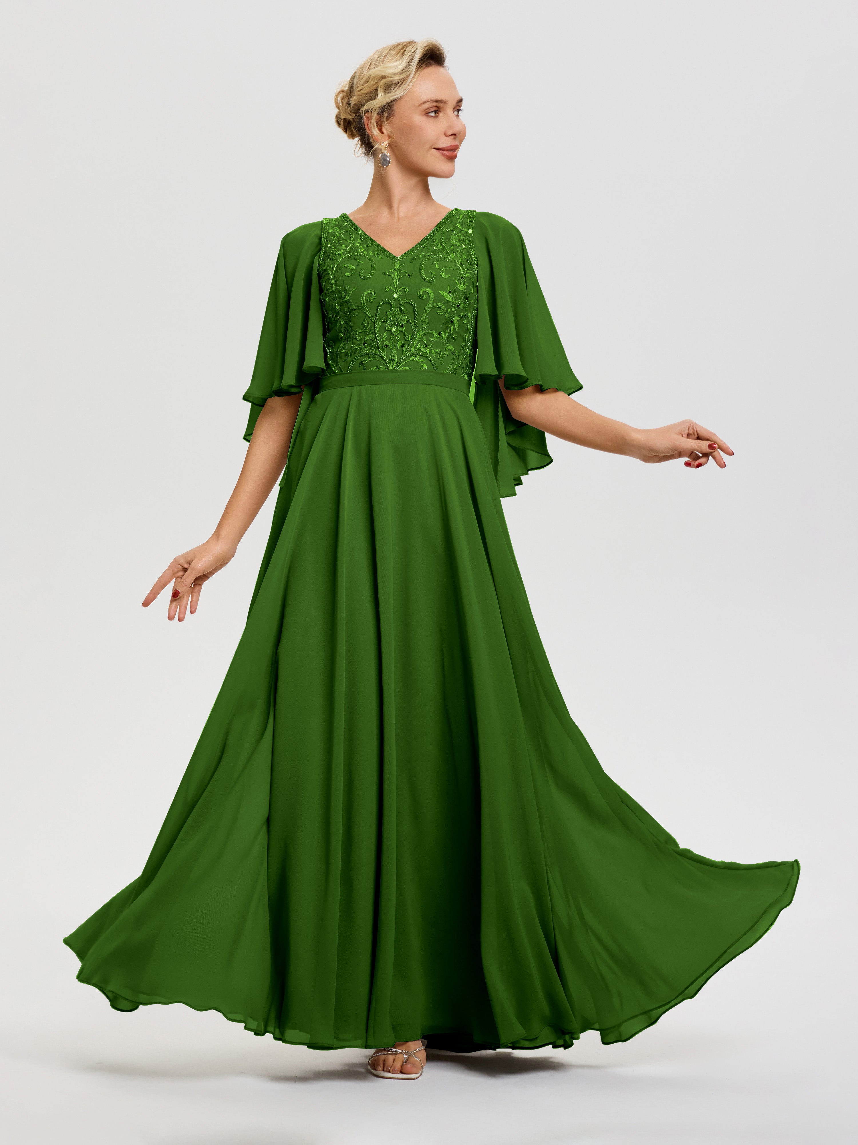 Robe Mère De Mariée Mousse Col V Mousseline & Dentelle Robe Mère De Mariée Manches À Volants