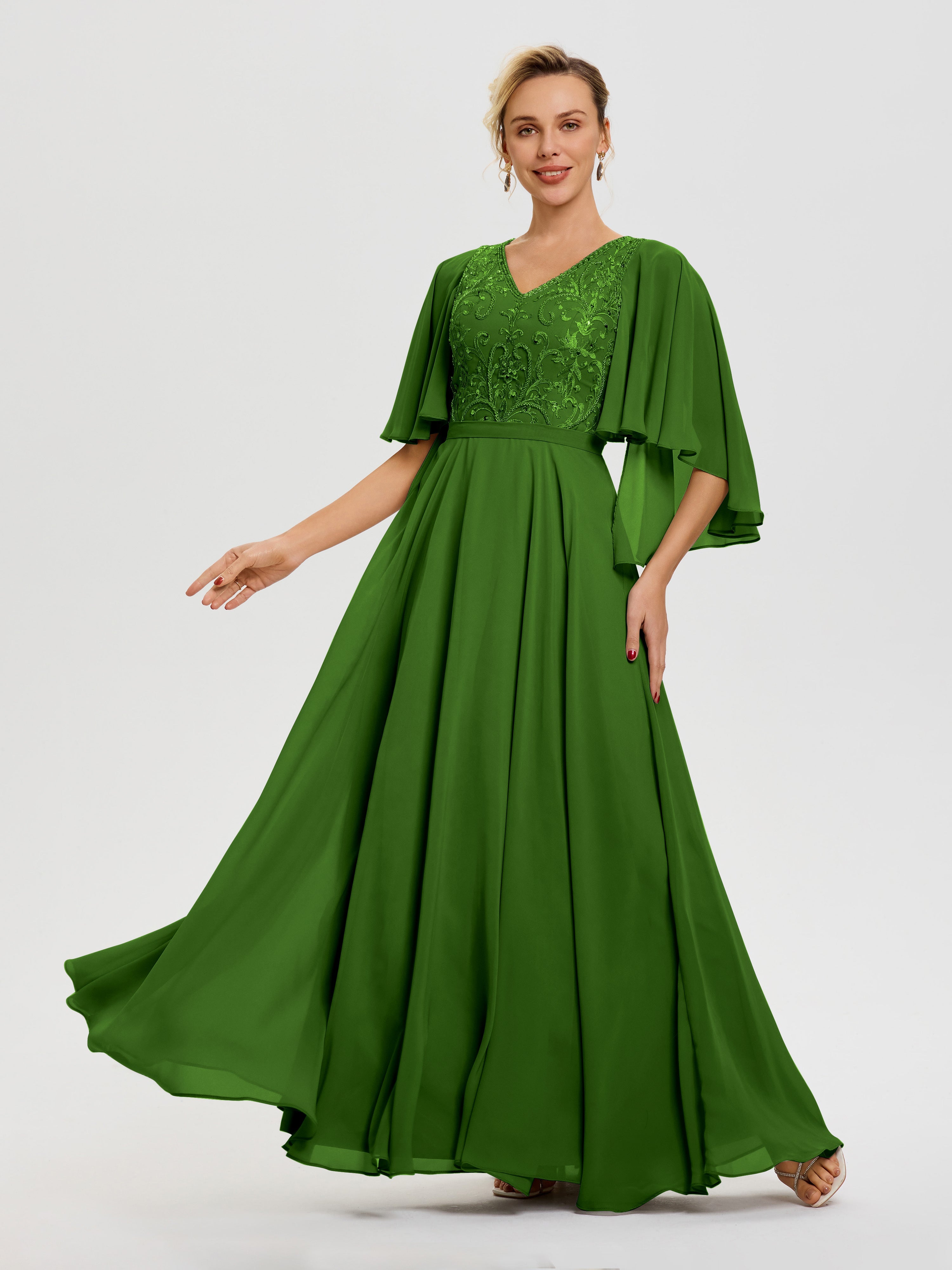 Robe Mère De Mariée Mousse Col V Mousseline & Dentelle Robe Mère De Mariée Manches À Volants