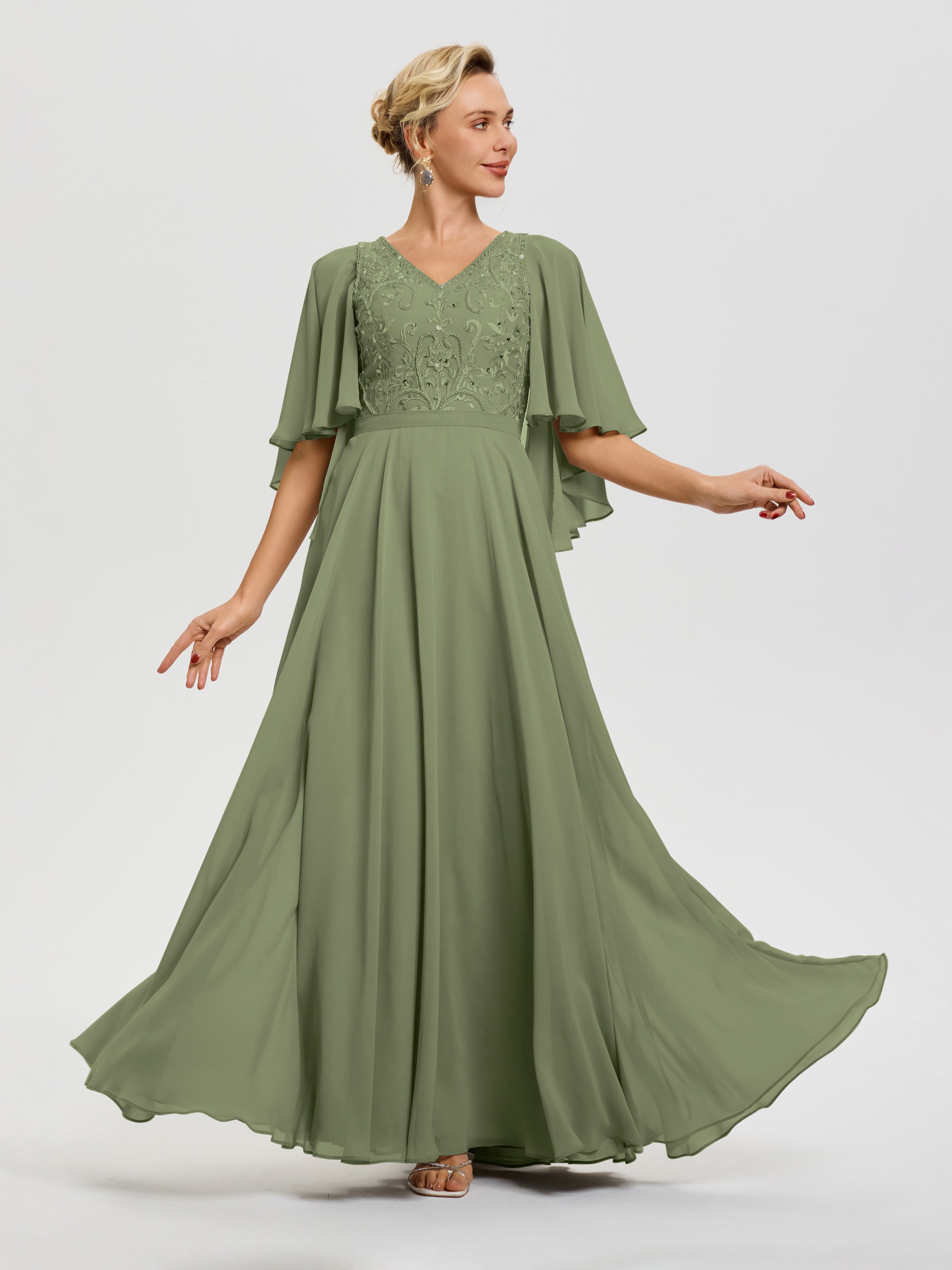 Robe Mère Mariée Moderne Vert Olive Col V Mousseline & Dentelle Robe Mère De Mariée Manches À Volants