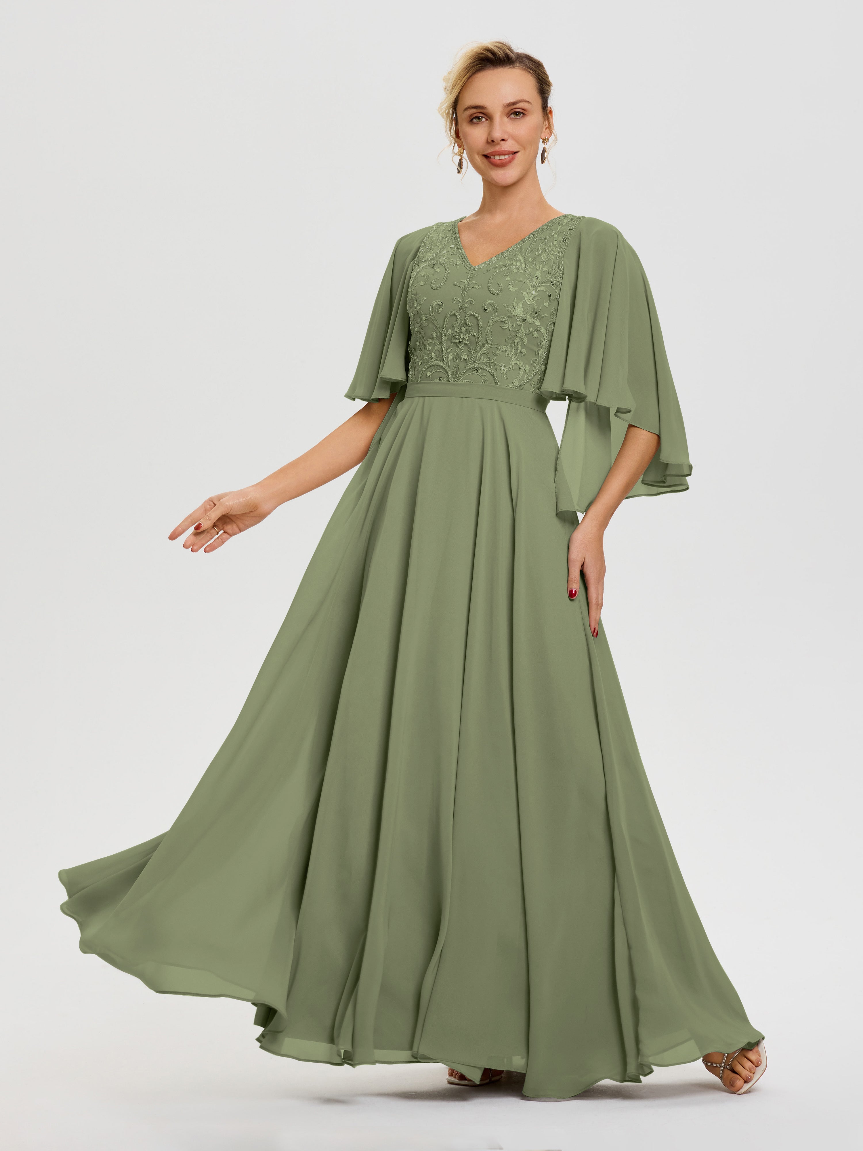 Robe Mère Mariée Moderne Vert Olive Col V Mousseline & Dentelle Robe Mère De Mariée Manches À Volants