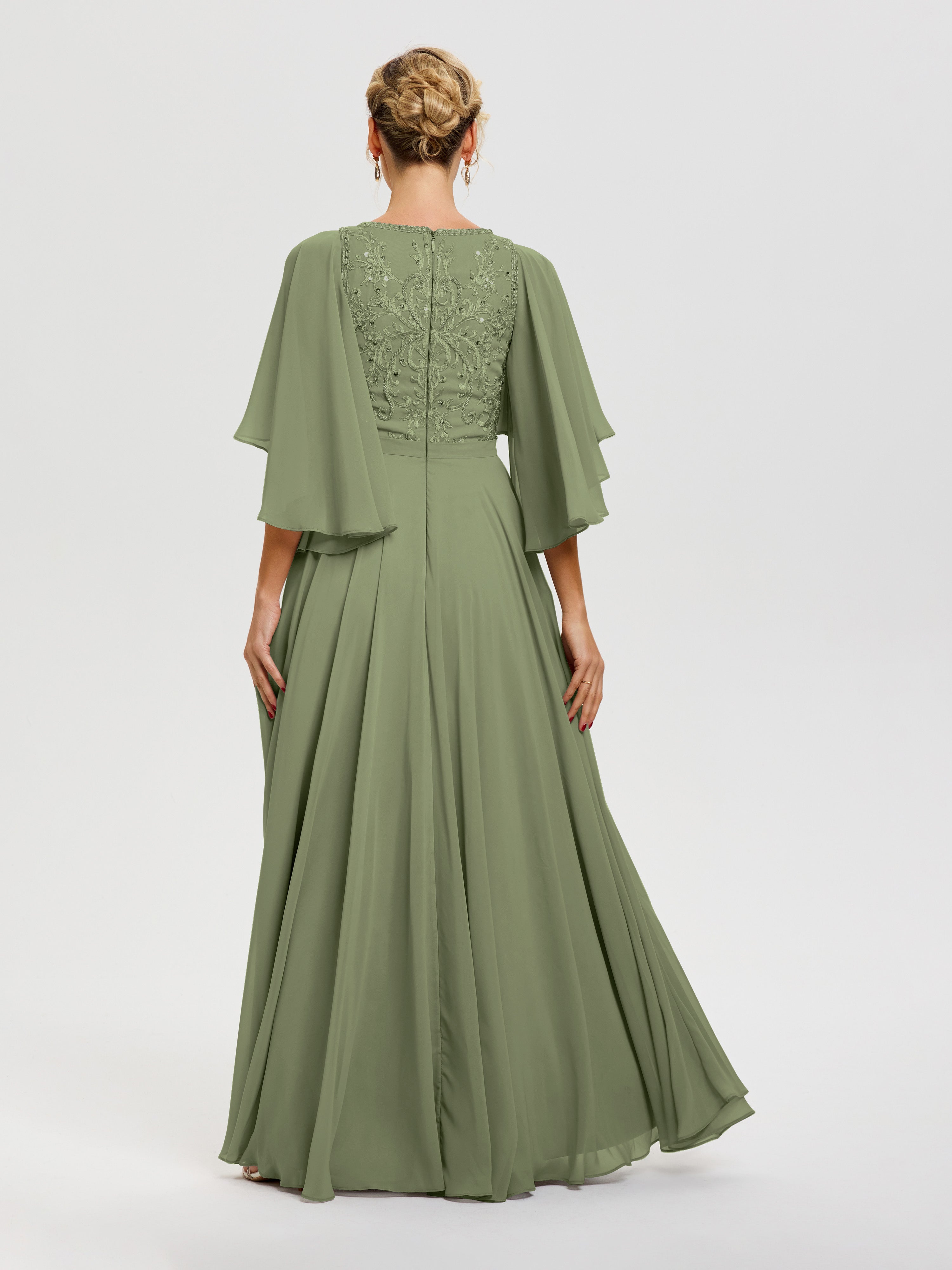 Robe Mère Mariée Moderne Vert Olive Col V Mousseline & Dentelle Robe Mère De Mariée Manches À Volants