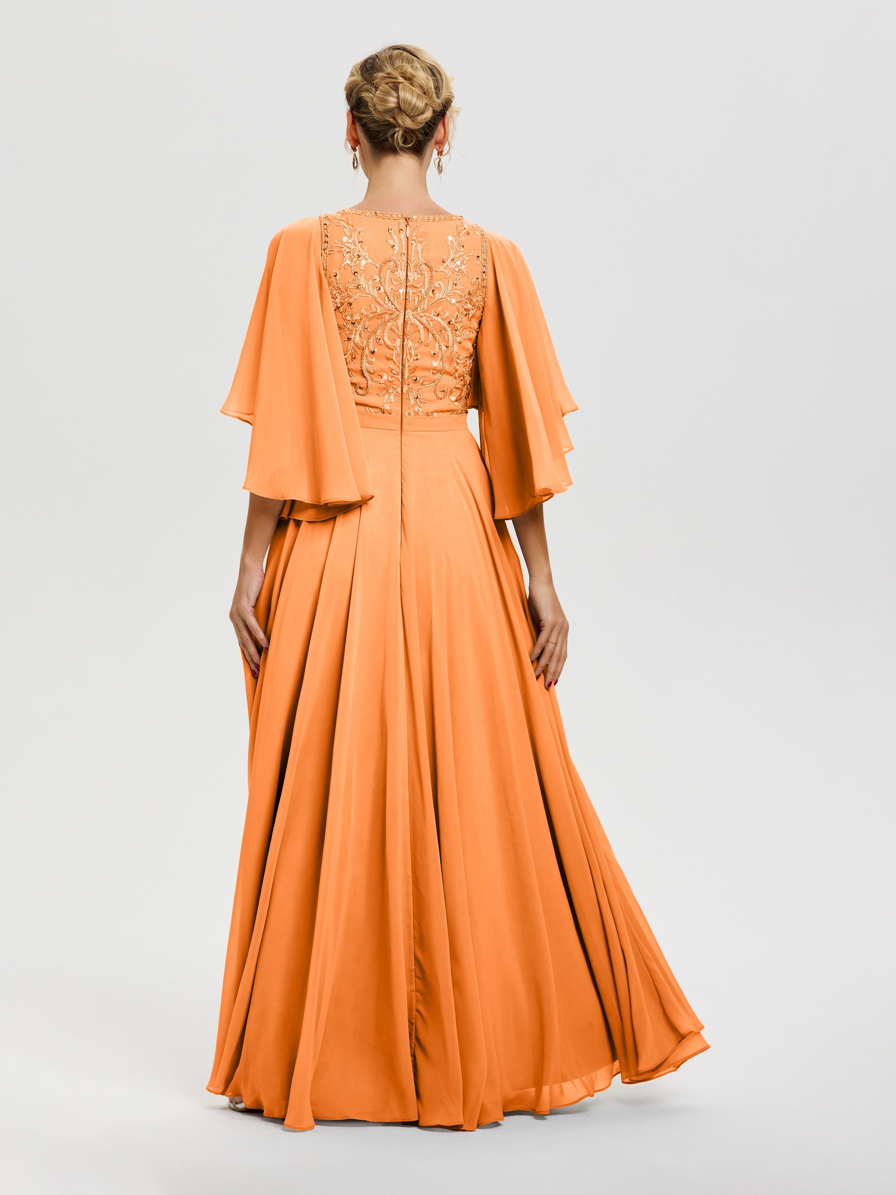 Robe Mariage Mère De La Mariée Orange Col V Mousseline & Dentelle Robe Mère De Mariée Manches À Volants