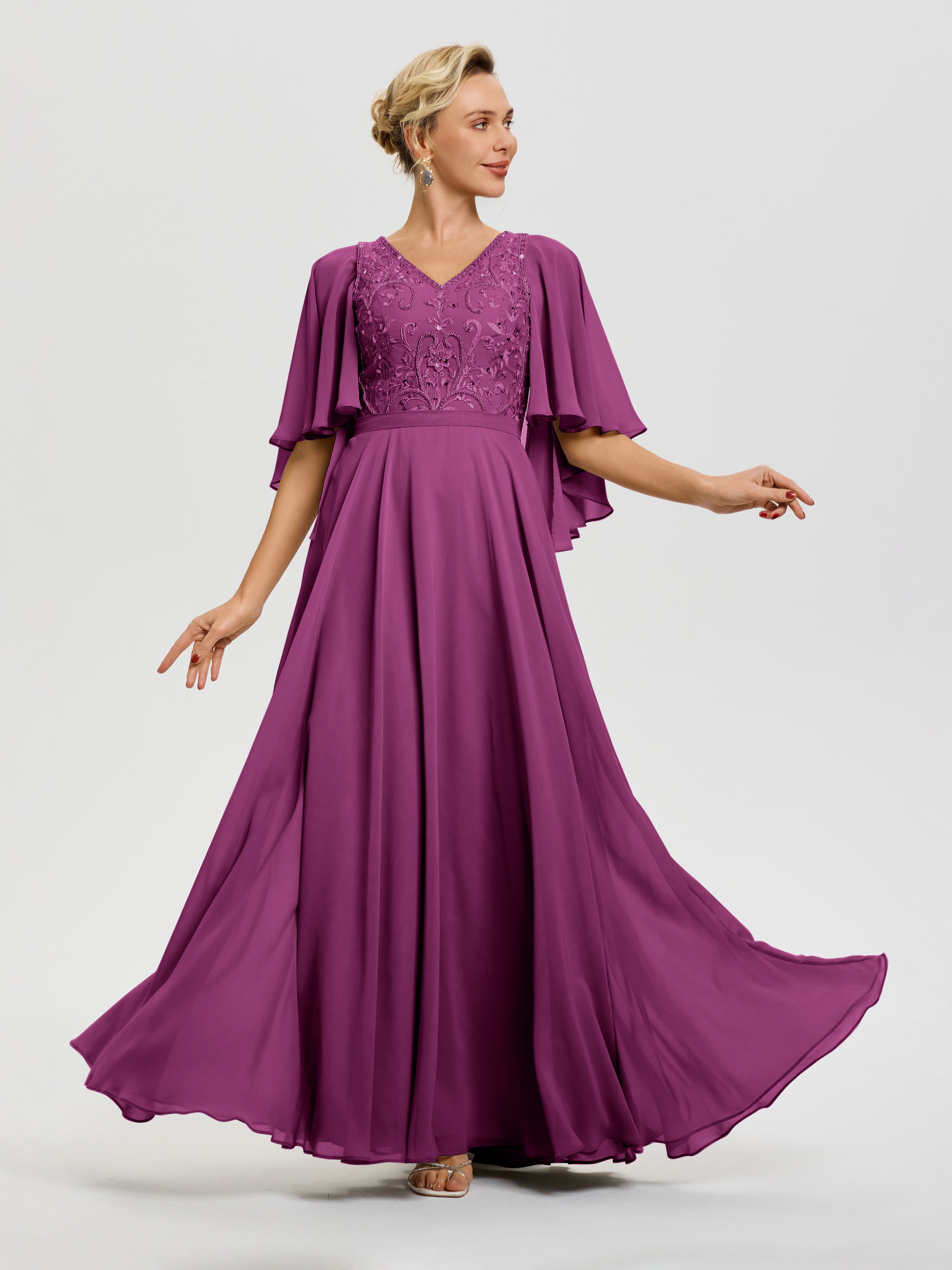 Robe Pour Mère De Mariée Orchidée Col V Mousseline & Dentelle Robe Mère De Mariée Manches À Volants