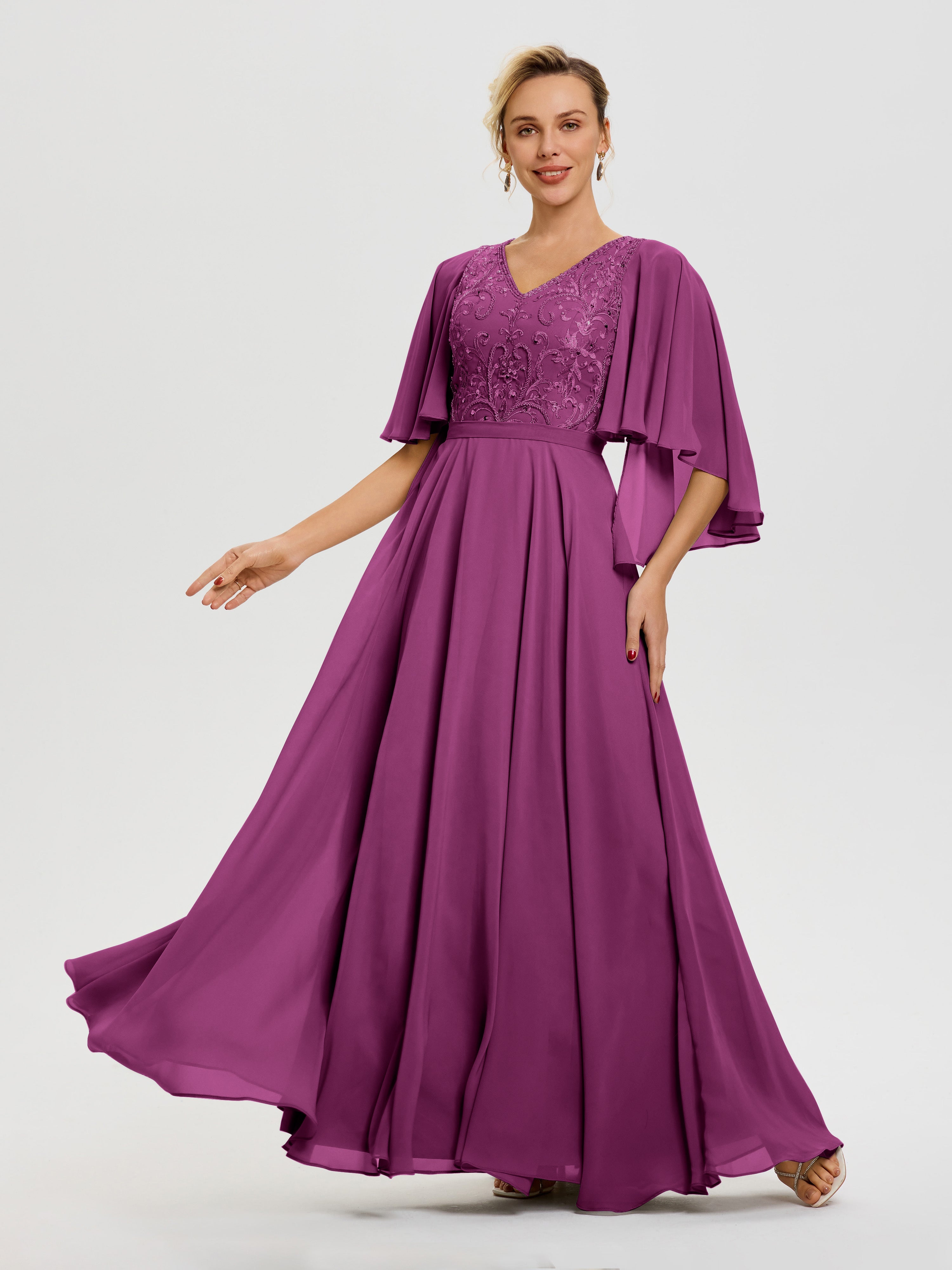 Robe Pour Mère De Mariée Orchidée Col V Mousseline & Dentelle Robe Mère De Mariée Manches À Volants