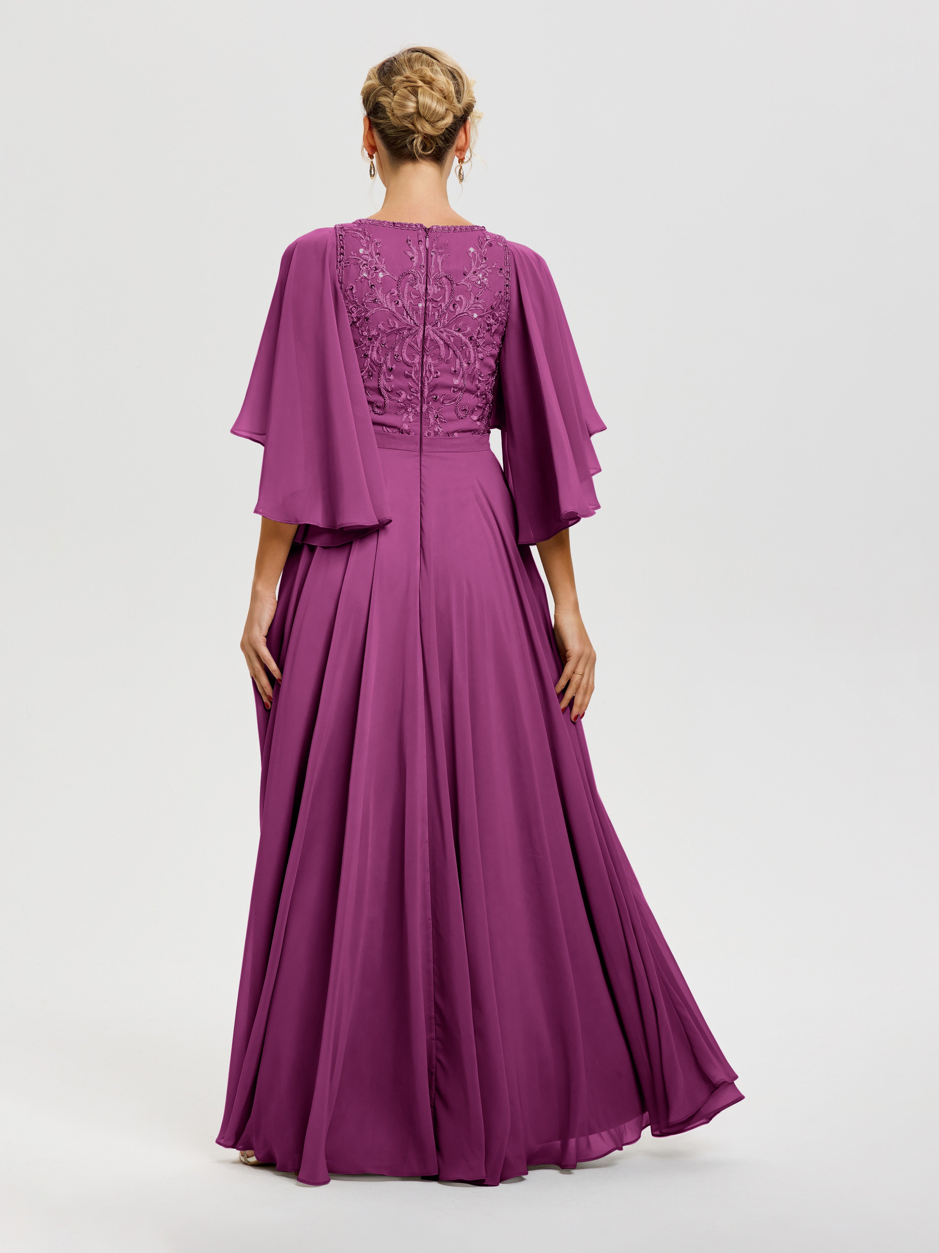 Robe Pour Mère De Mariée Orchidée Col V Mousseline & Dentelle Robe Mère De Mariée Manches À Volants