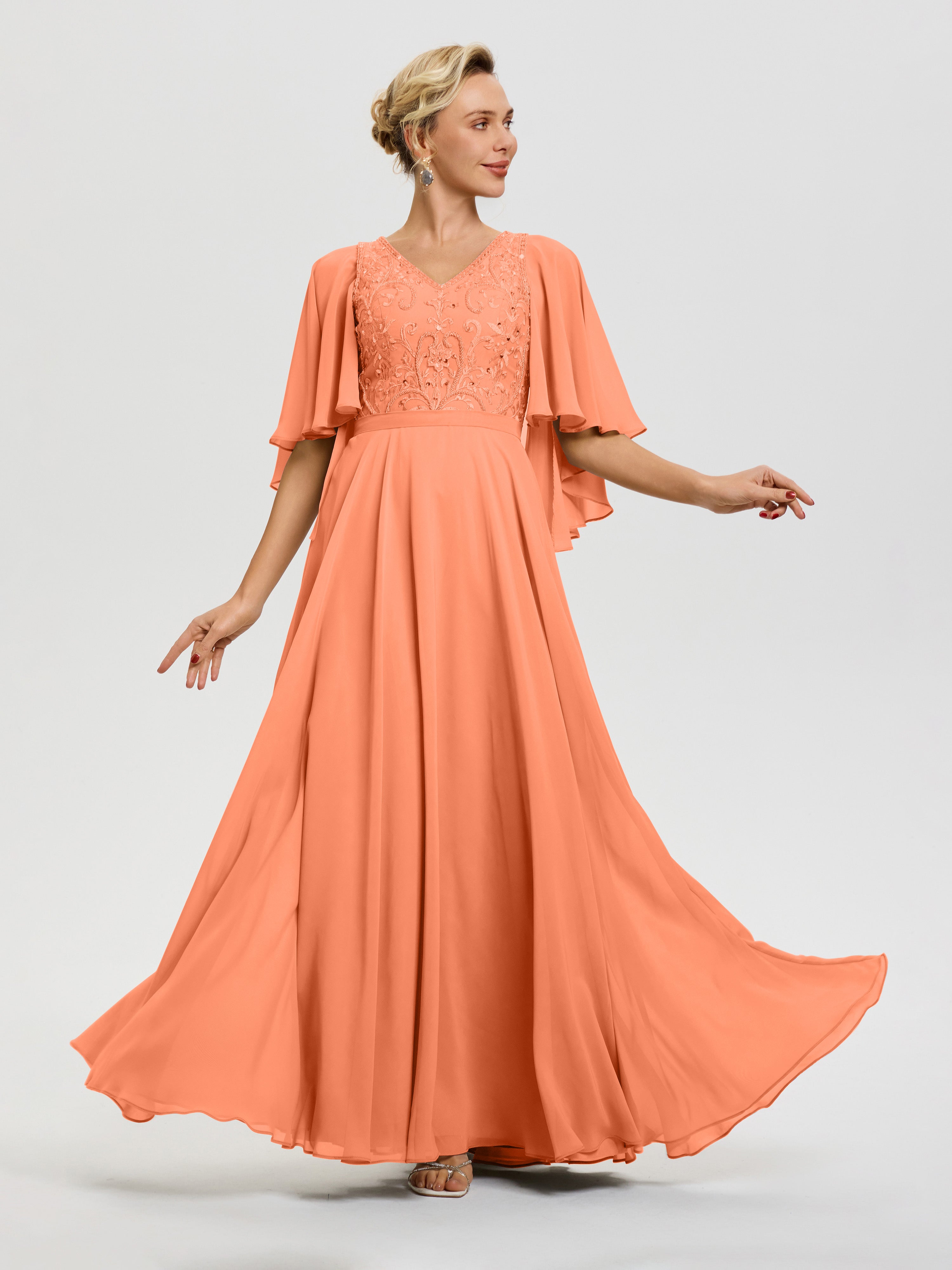 Robe Pour Mère De Mariée Papaye Col V Mousseline & Dentelle Robe Mère De Mariée Manches À Volants