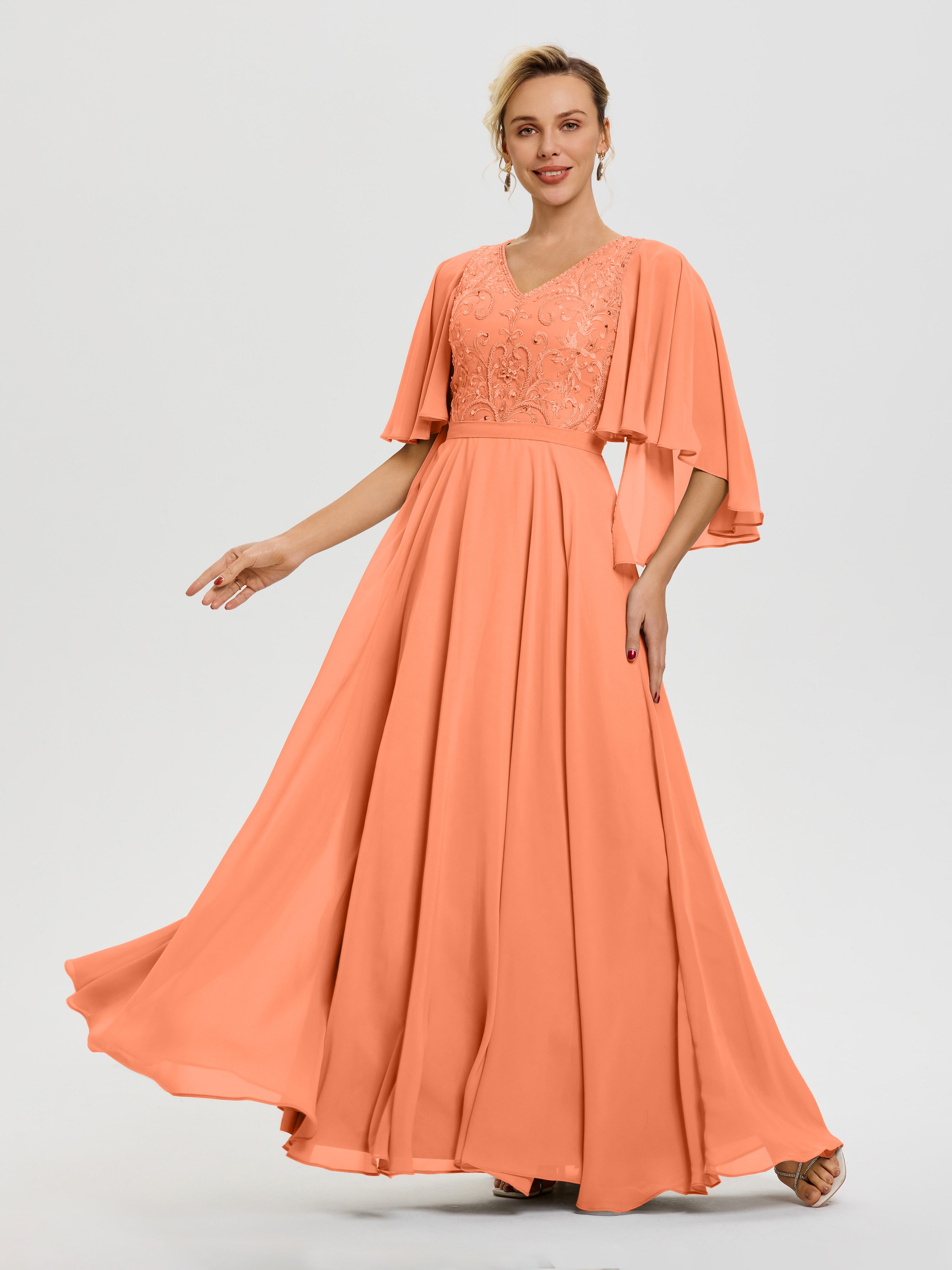 Robe Pour Mère De Mariée Papaye Col V Mousseline & Dentelle Robe Mère De Mariée Manches À Volants