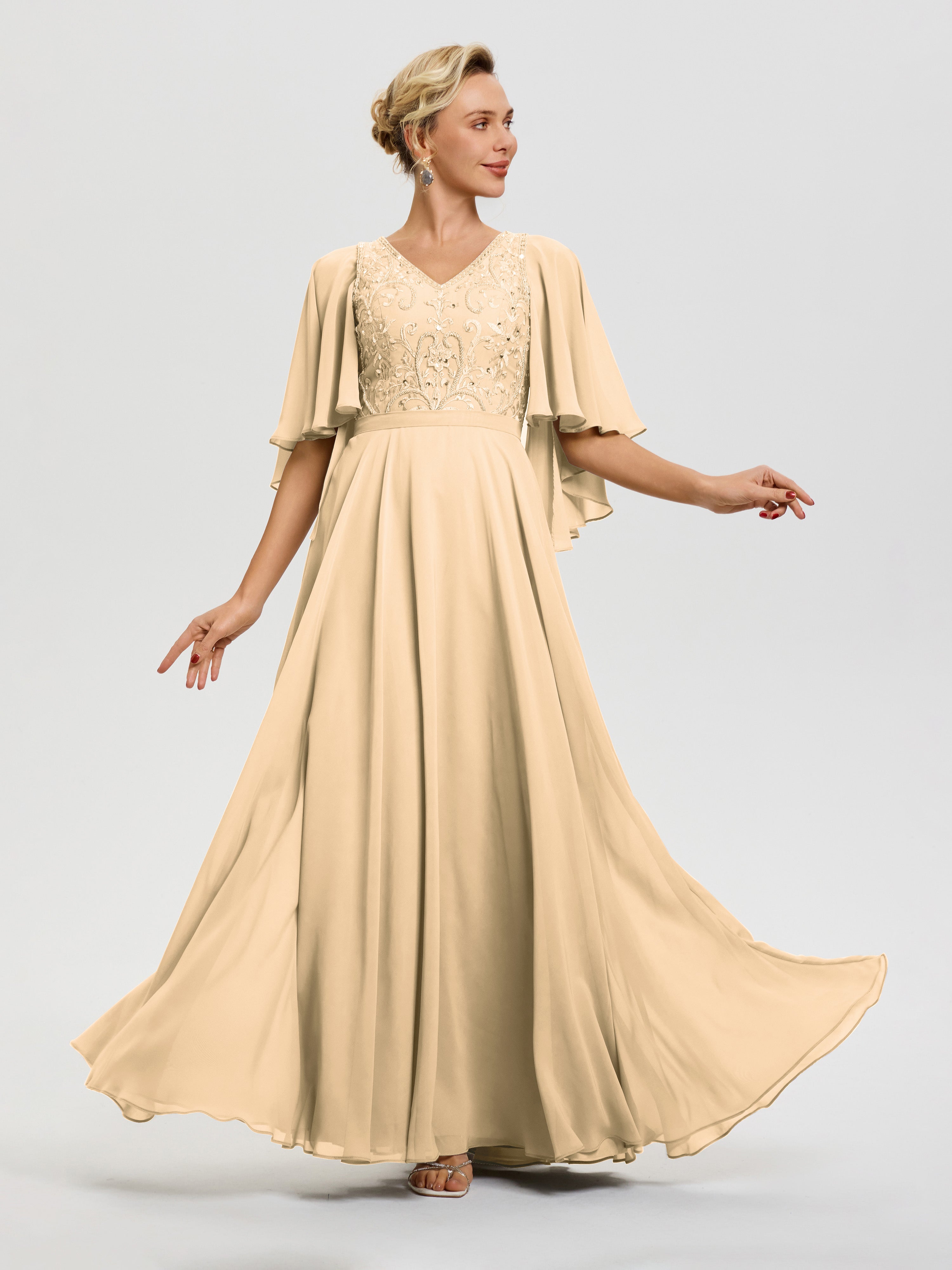Robe De Cérémonie Mère Du Marié Pêche Col V Mousseline & Dentelle Robe Mère De Mariée Manches À Volants