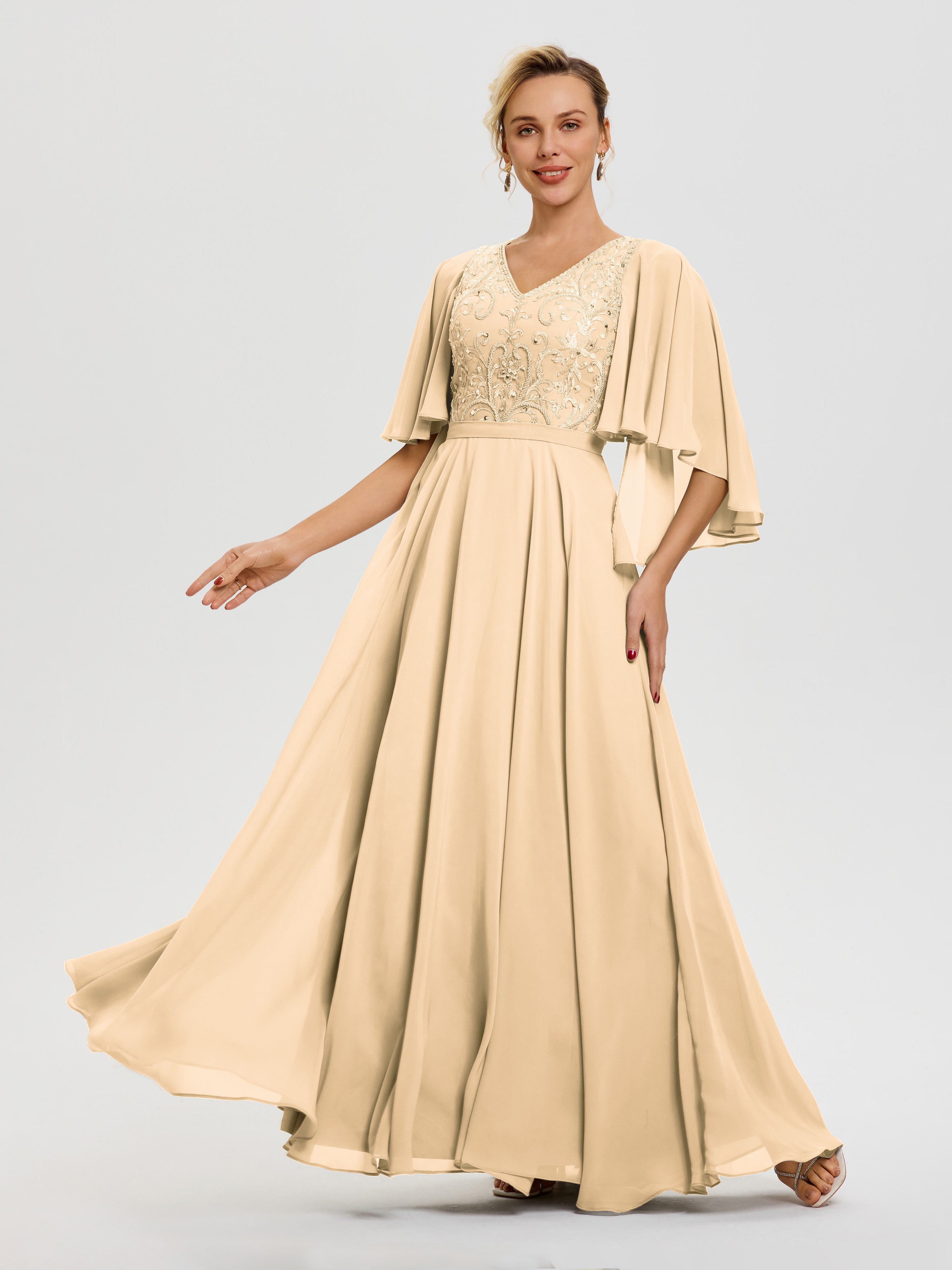 Robe De Cérémonie Mère Du Marié Pêche Col V Mousseline & Dentelle Robe Mère De Mariée Manches À Volants