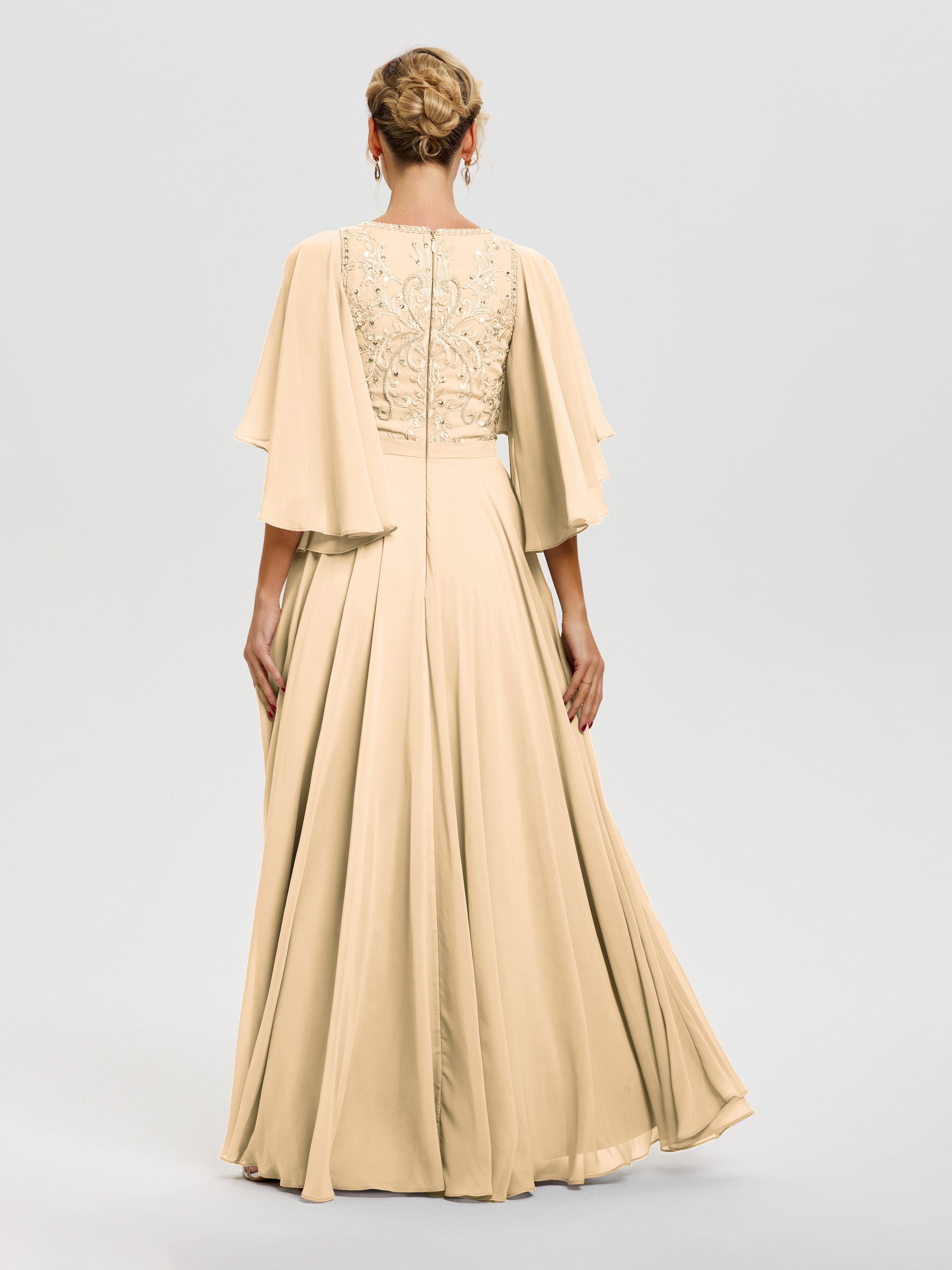 Robe De Cérémonie Mère Du Marié Pêche Col V Mousseline & Dentelle Robe Mère De Mariée Manches À Volants