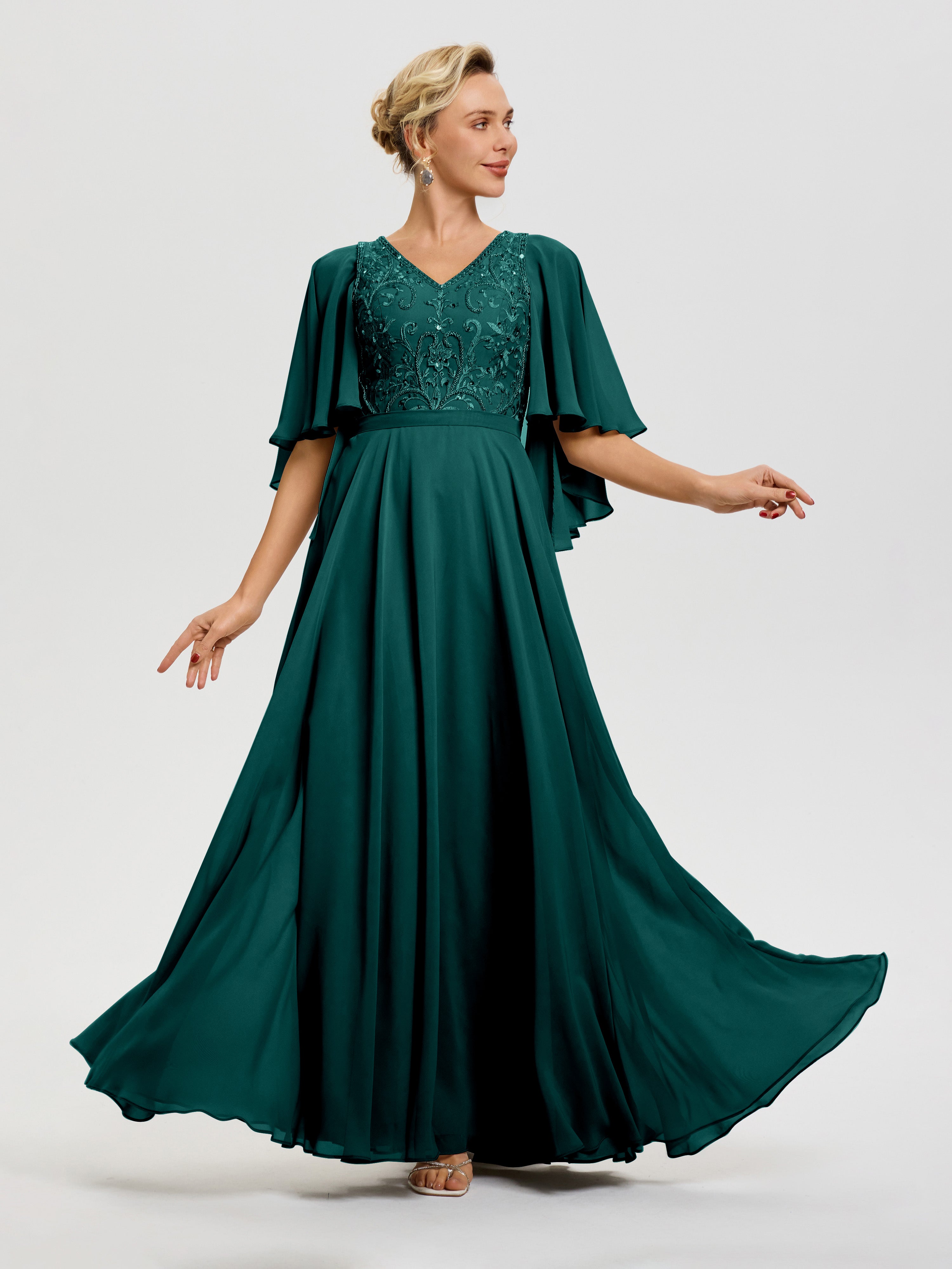 Robe Pour Mère De Mariée Paon Col V Mousseline & Dentelle Robe Mère De Mariée Manches À Volants