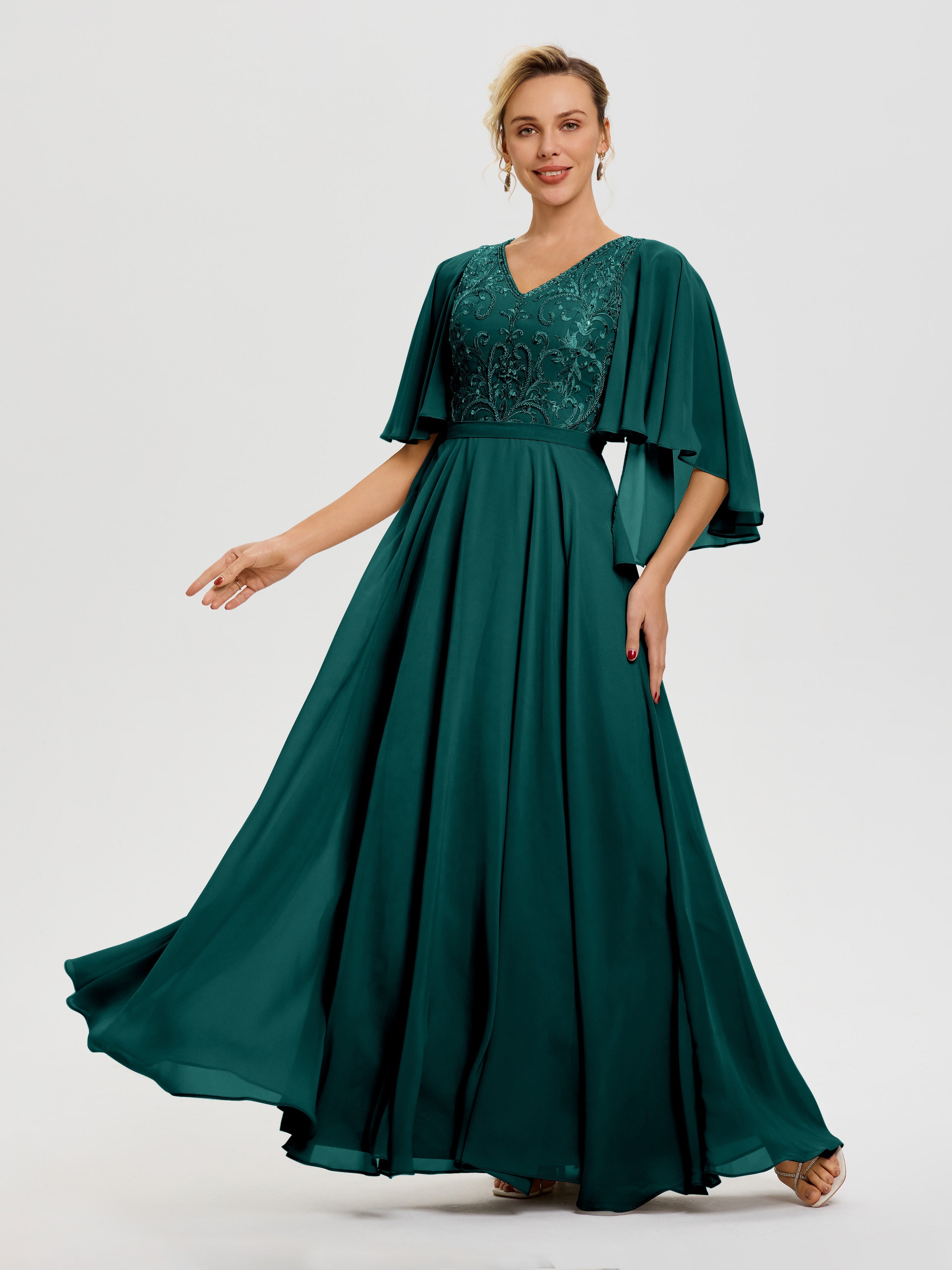 Robe Pour Mère De Mariée Paon Col V Mousseline & Dentelle Robe Mère De Mariée Manches À Volants