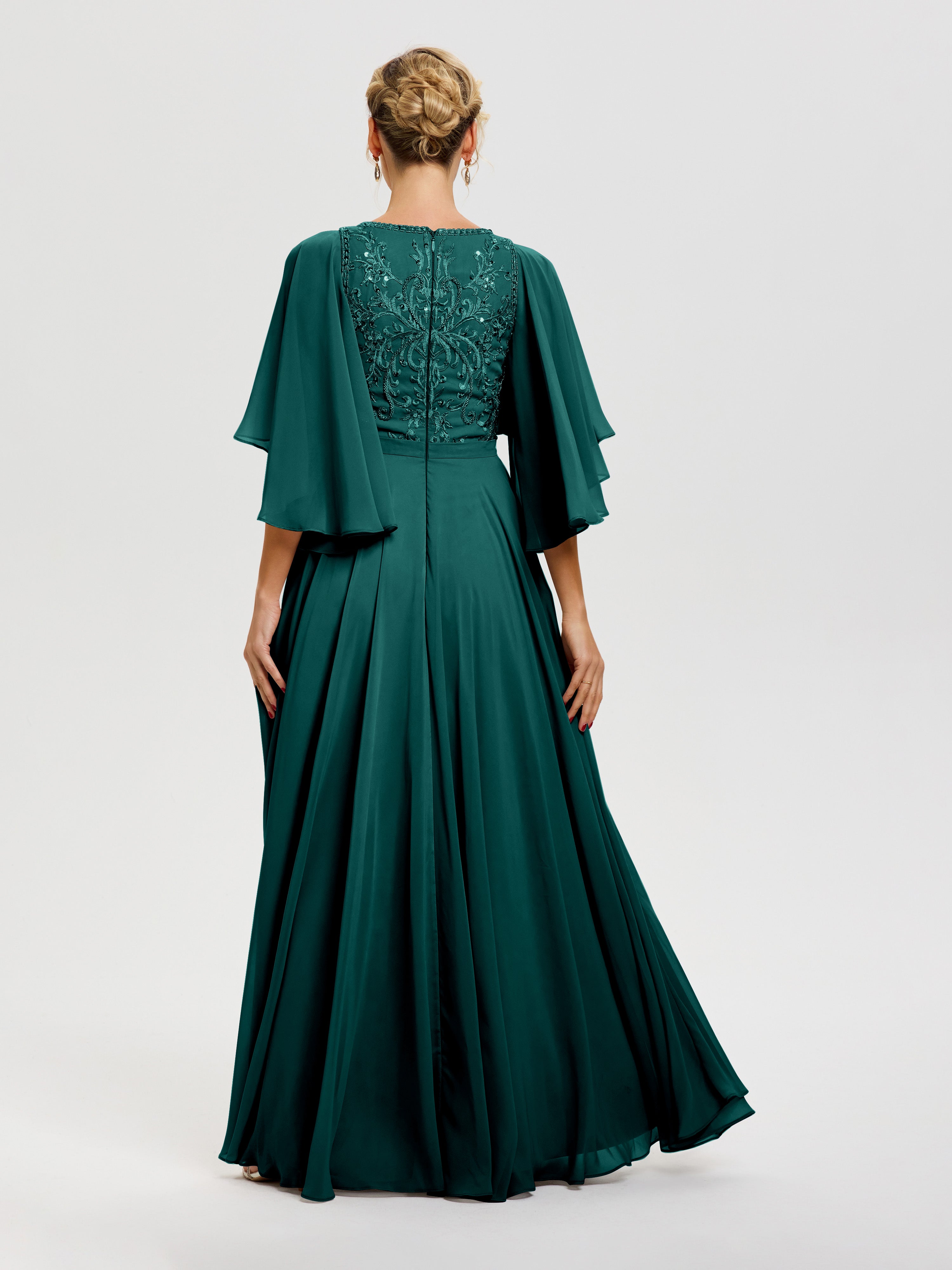 Robe Pour Mère De Mariée Paon Col V Mousseline & Dentelle Robe Mère De Mariée Manches À Volants