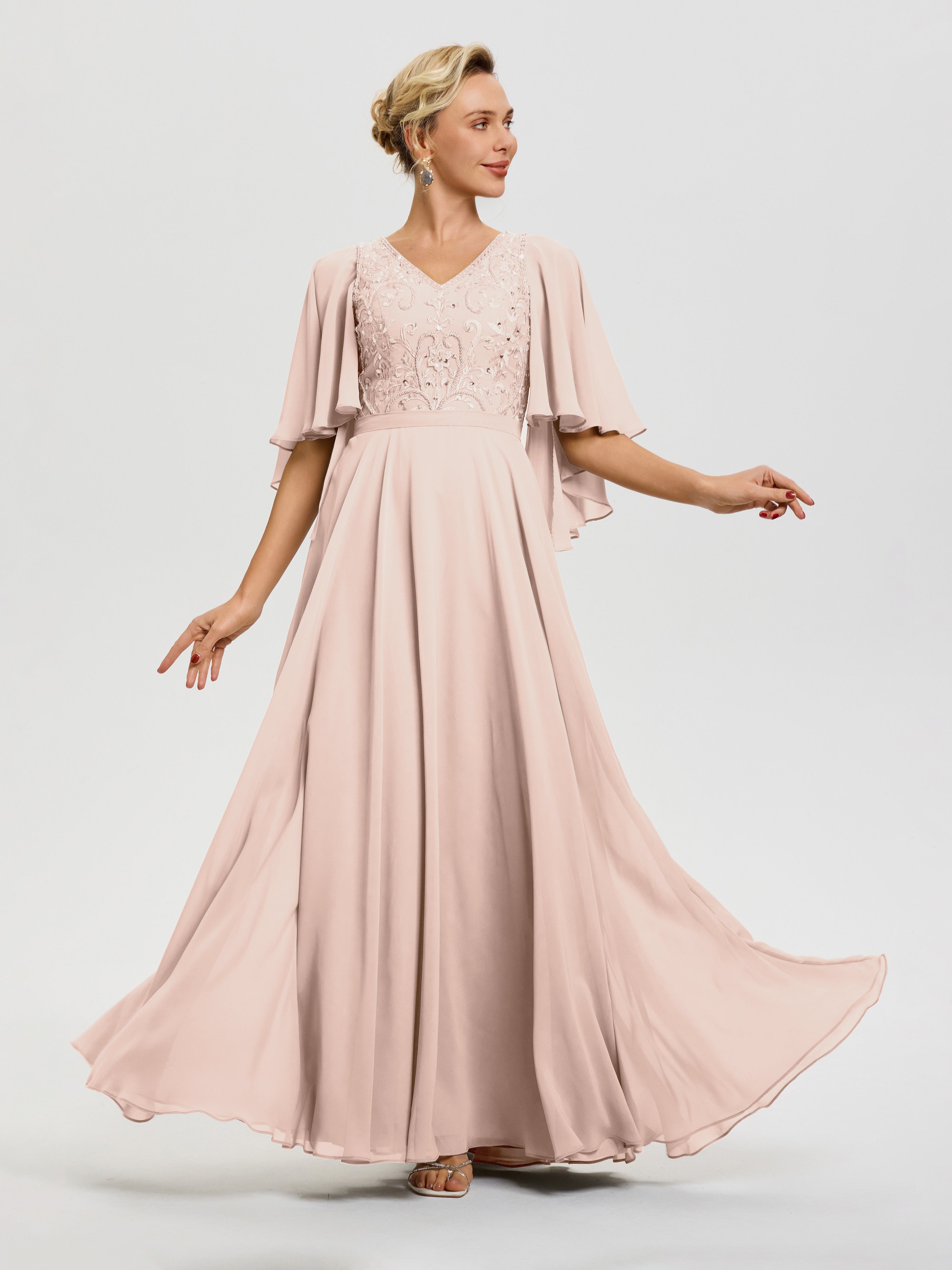 Robe Pour Mère De Mariée Rose Perle Col V Mousseline & Dentelle Robe Mère De Mariée Manches À Volants