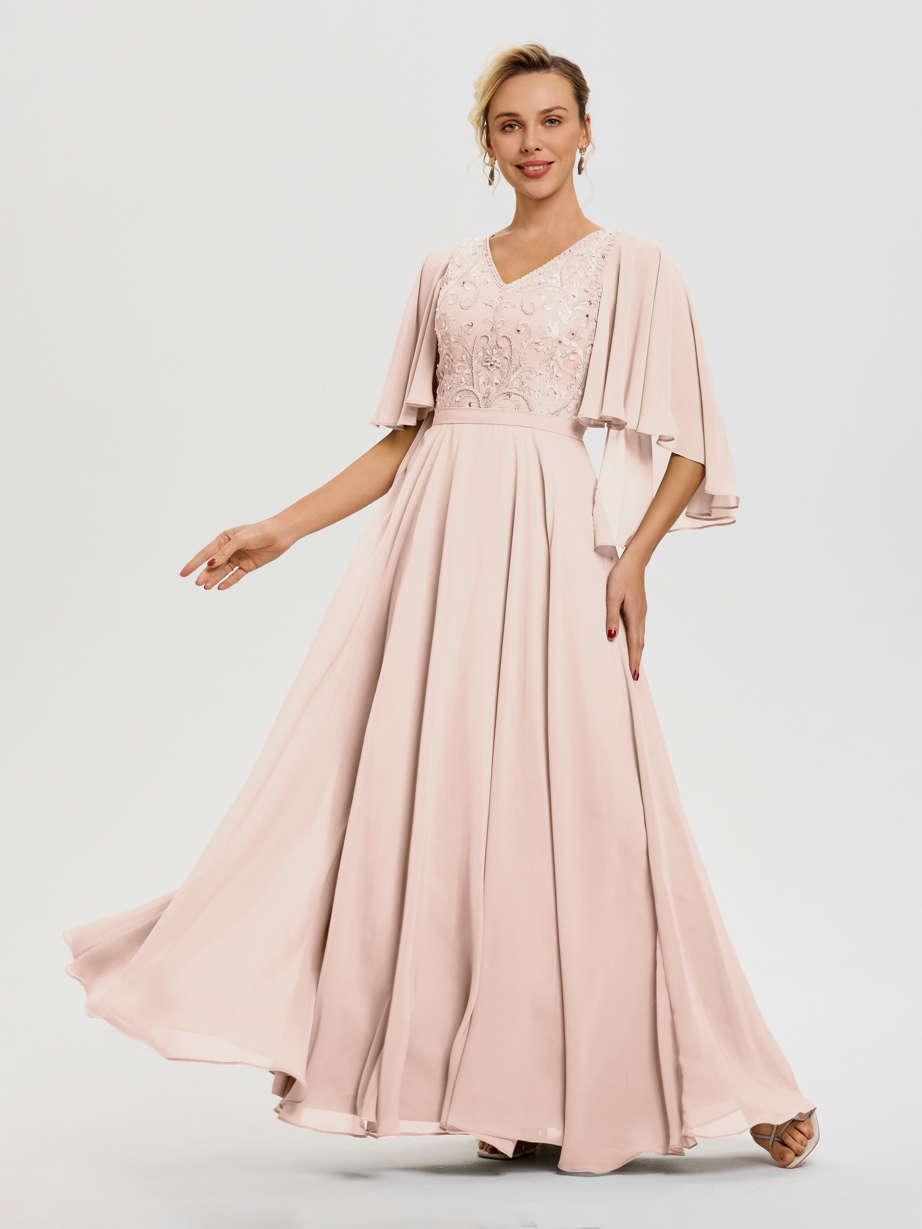 Robe Pour Mère De Mariée Rose Perle Col V Mousseline & Dentelle Robe Mère De Mariée Manches À Volants