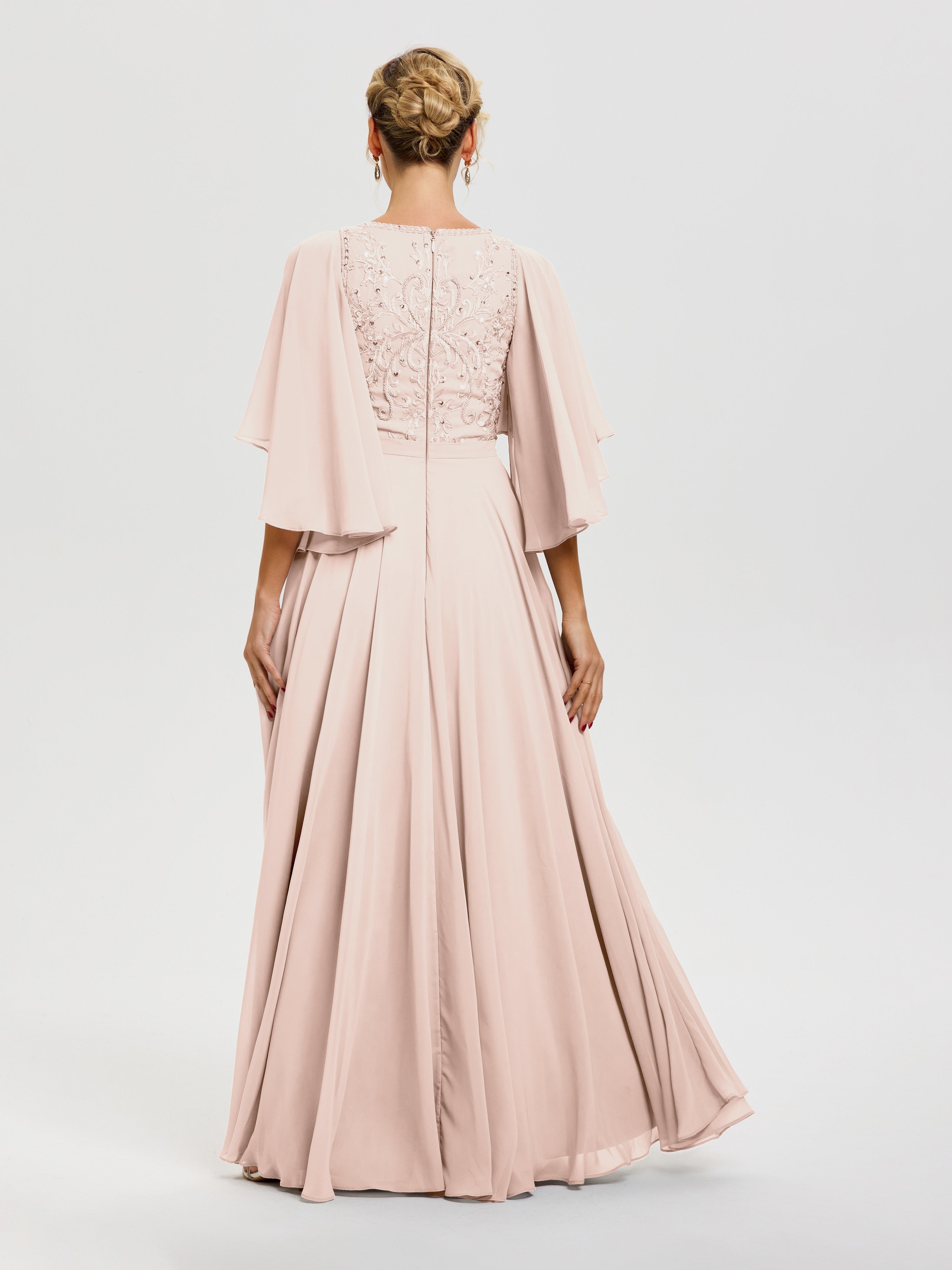 Robe Pour Mère De Mariée Rose Perle Col V Mousseline & Dentelle Robe Mère De Mariée Manches À Volants