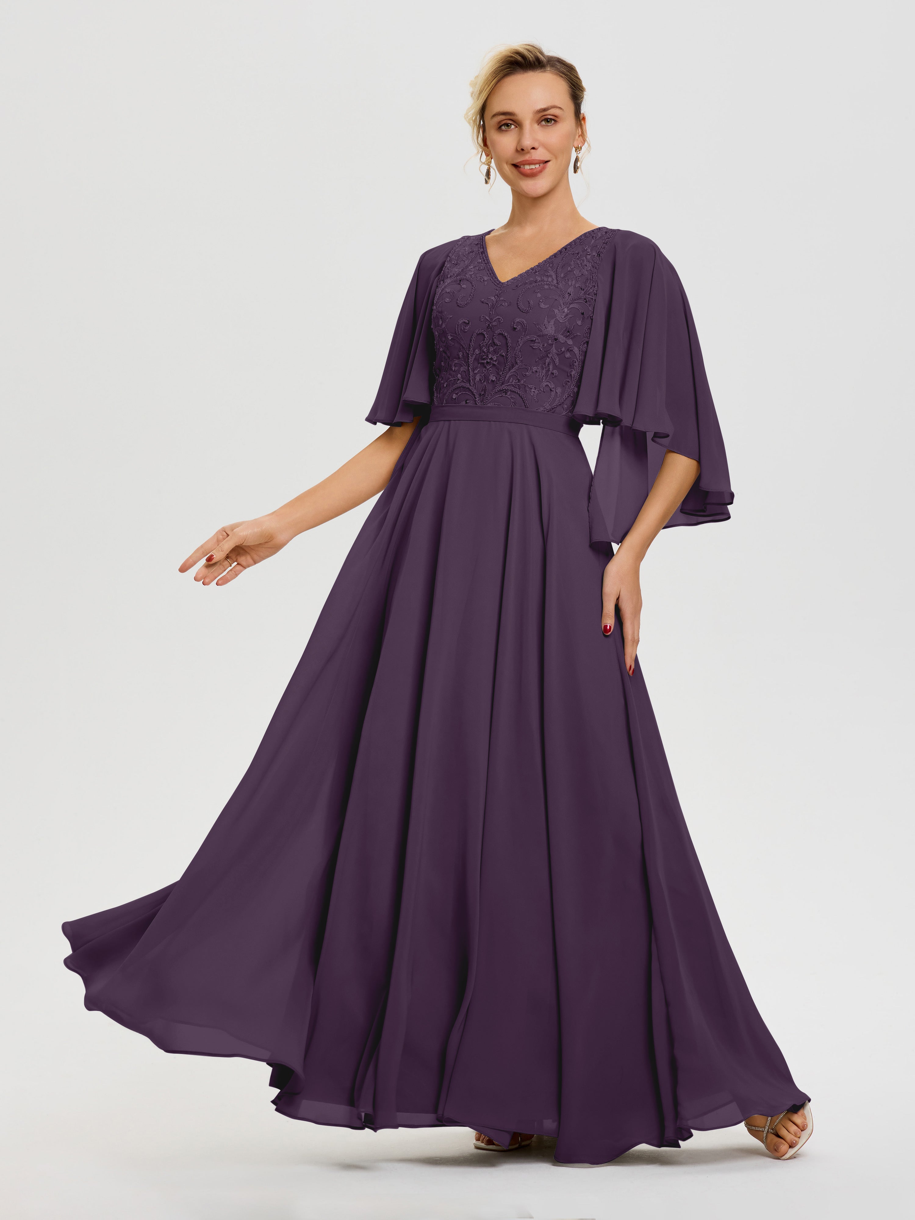 Robe Pour Mère De Mariée Plum Col V Mousseline & Dentelle Robe Mère De Mariée Manches À Volants
