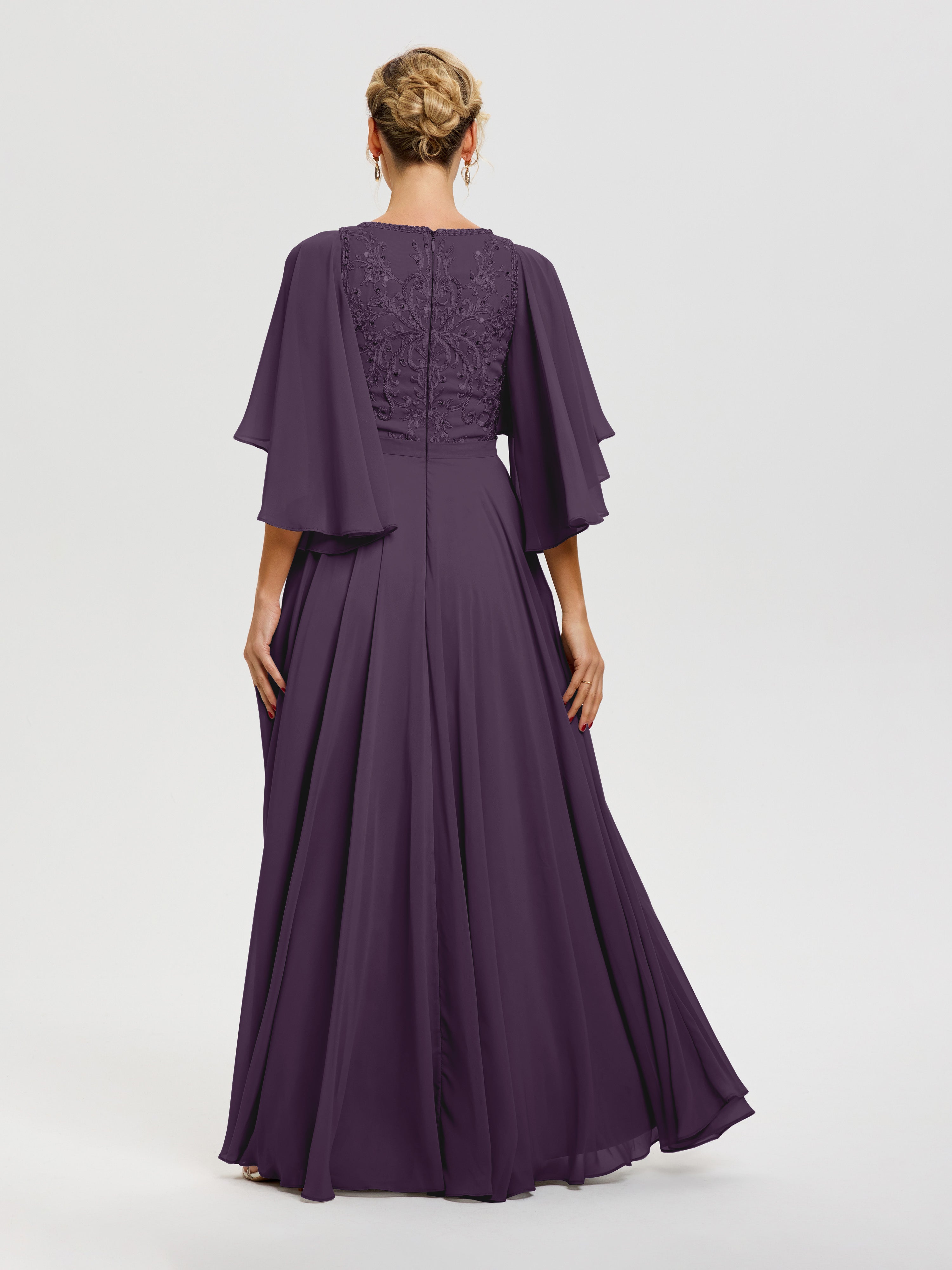 Robe Pour Mère De Mariée Plum Col V Mousseline & Dentelle Robe Mère De Mariée Manches À Volants