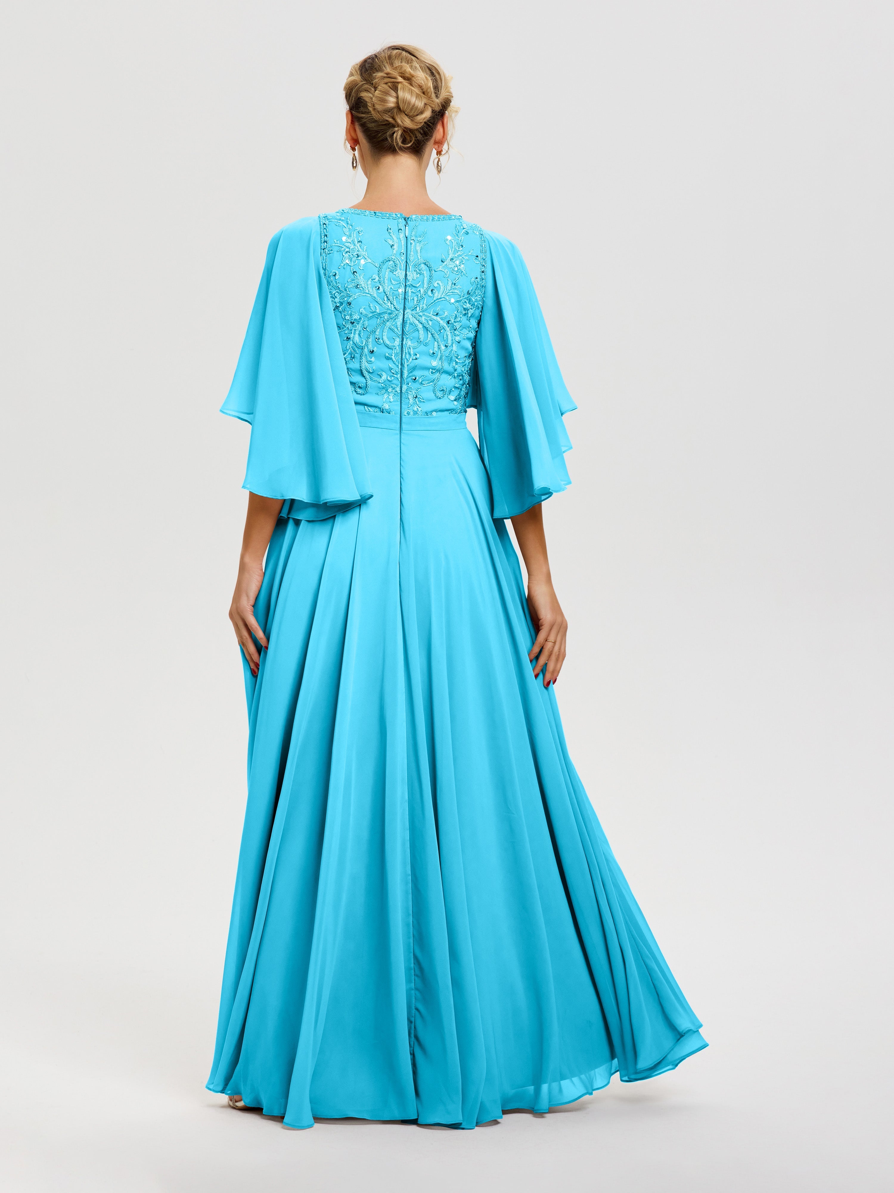 Robe Pour Mère De Mariée Piscine Col V Mousseline & Dentelle Robe Mère De Mariée Manches À Volants