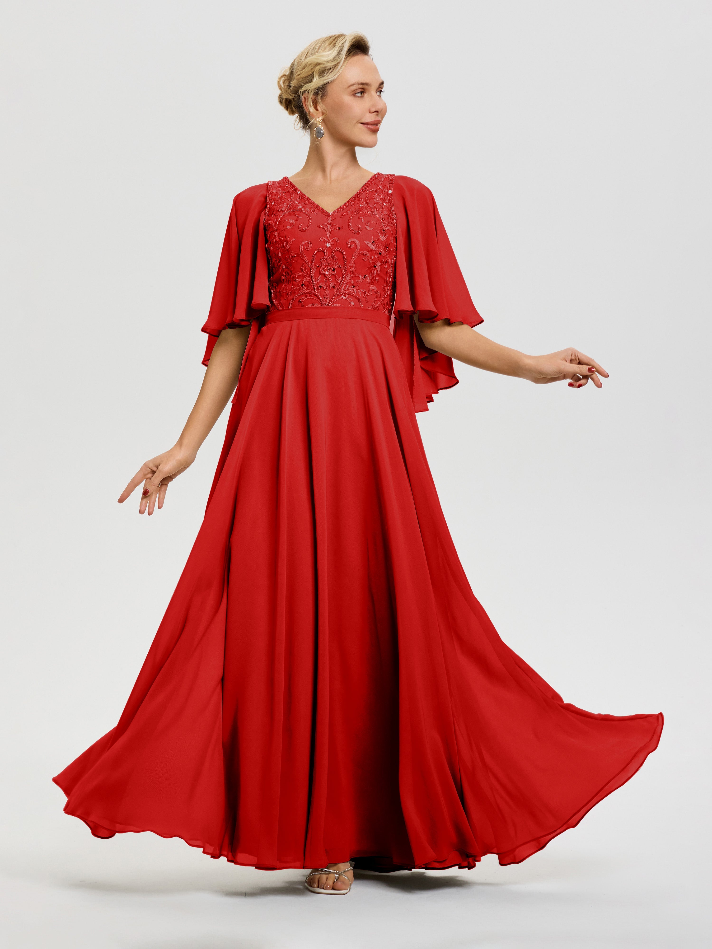 Robe Pour Mère De Mariée Rouge Col V Mousseline & Dentelle Robe Mère De Mariée Manches À Volants