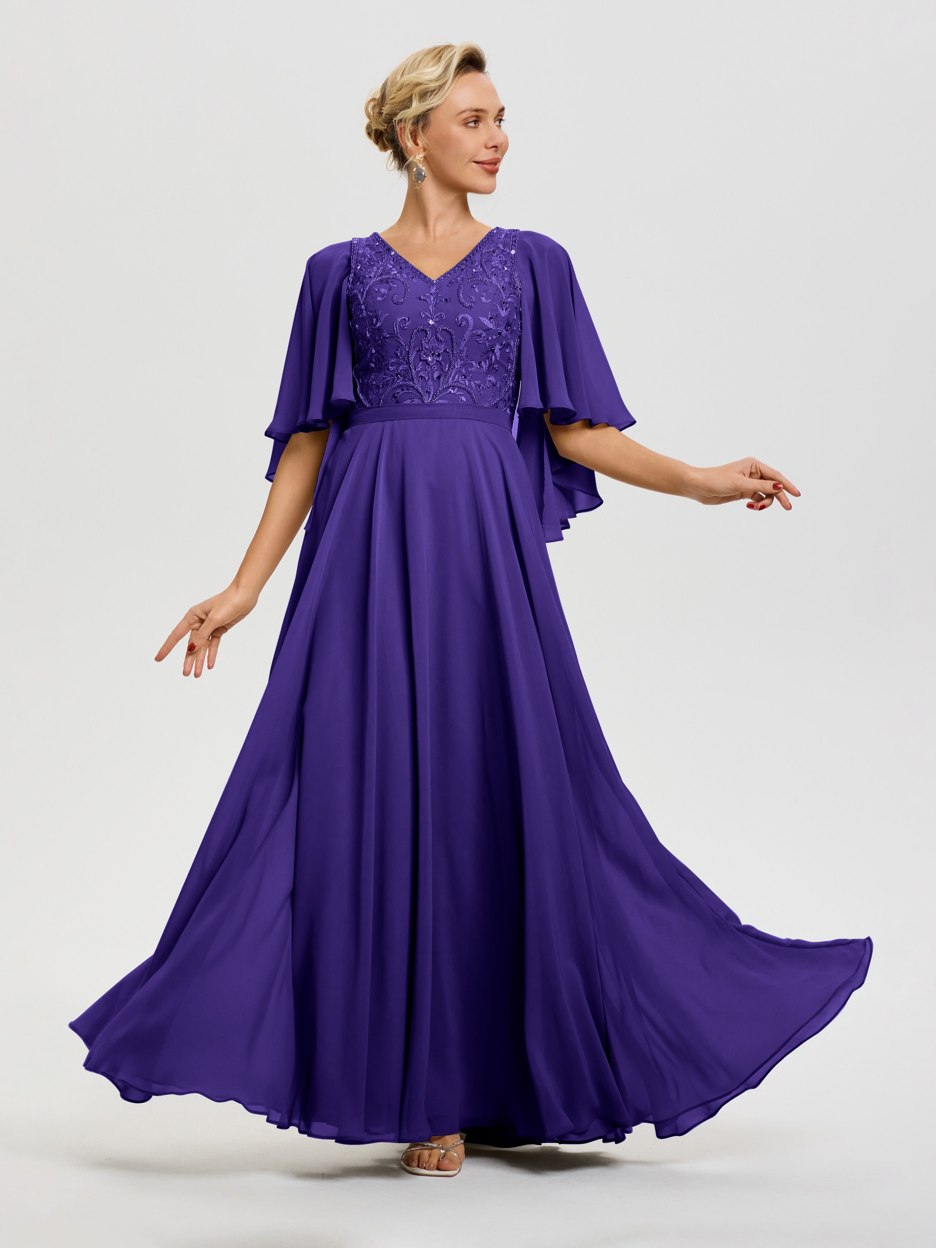 Robe Pour Mère De Mariée Régence Col V Mousseline & Dentelle Robe Mère De Mariée Manches À Volants