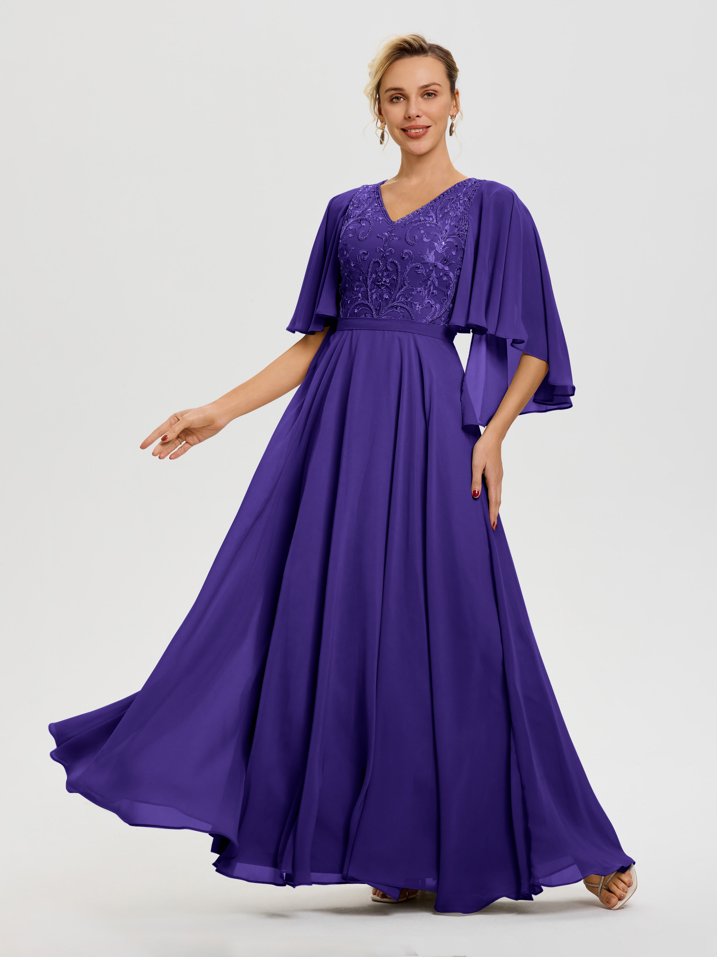 Robe Pour Mère De Mariée Régence Col V Mousseline & Dentelle Robe Mère De Mariée Manches À Volants