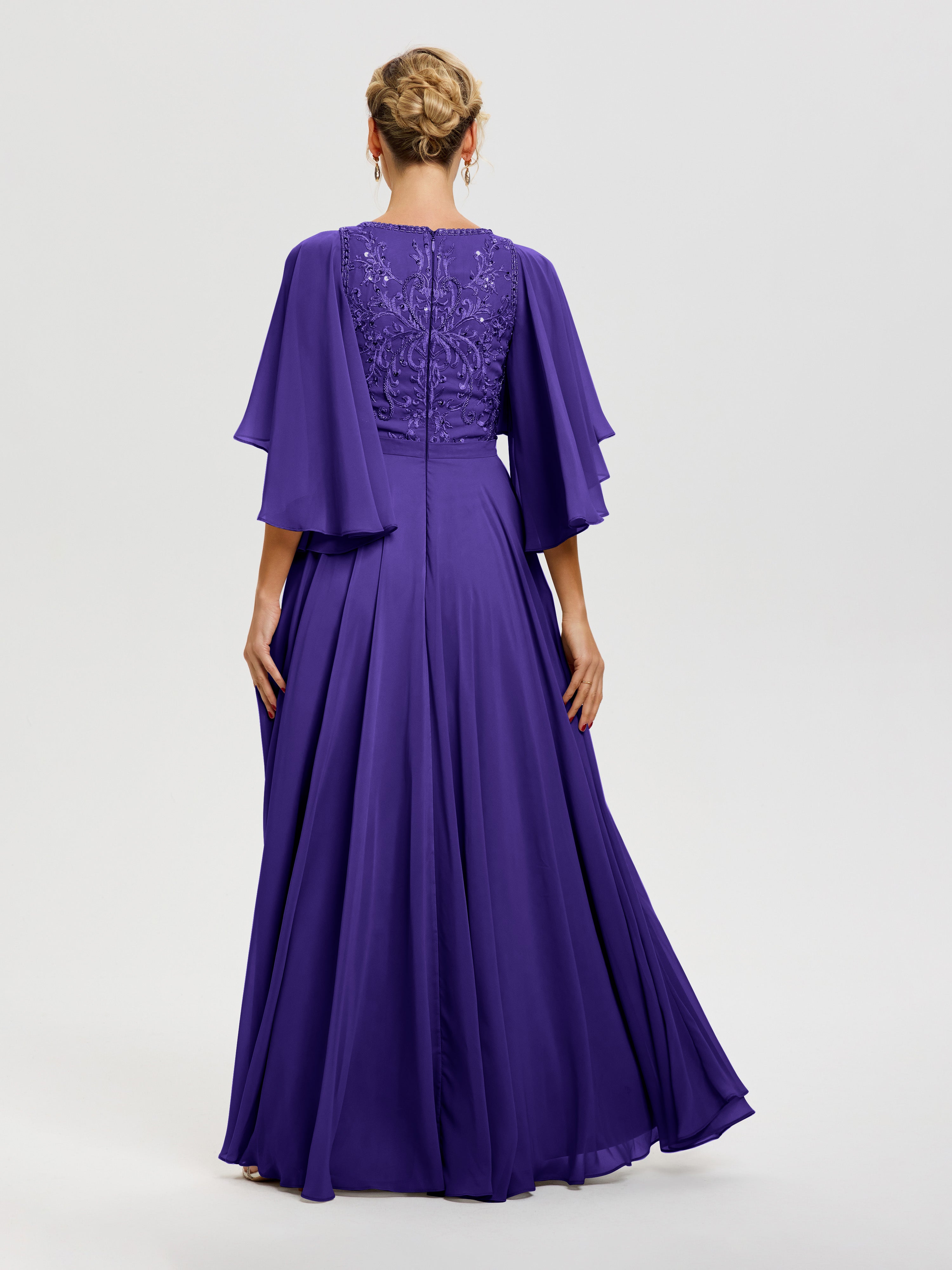 Robe Pour Mère De Mariée Régence Col V Mousseline & Dentelle Robe Mère De Mariée Manches À Volants