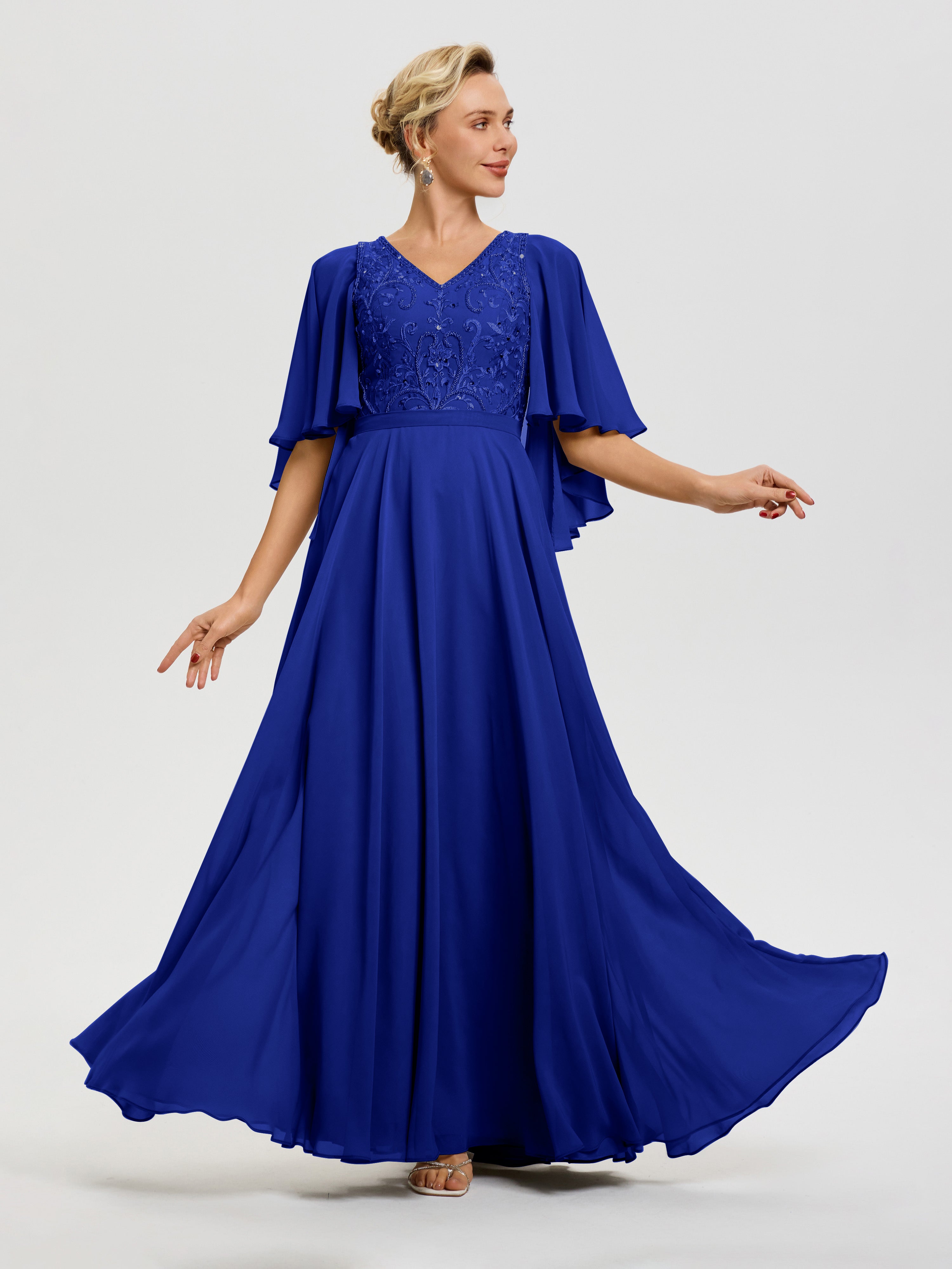Robe Mère De La Mariée Moderne Bleu Royale Col V Mousseline & Dentelle Robe Mère De Mariée Manches À Volants