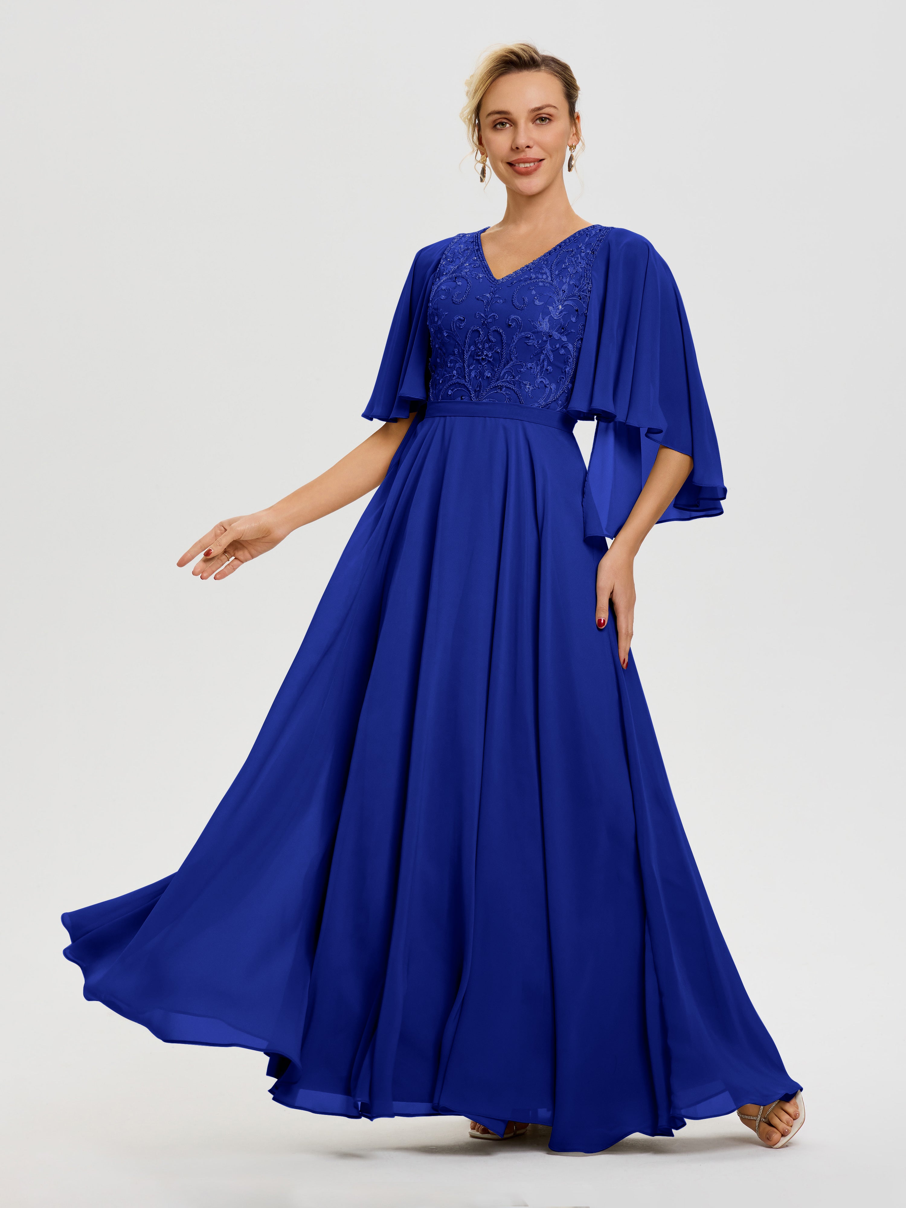 Robe Mère De La Mariée Moderne Bleu Royale Col V Mousseline & Dentelle Robe Mère De Mariée Manches À Volants