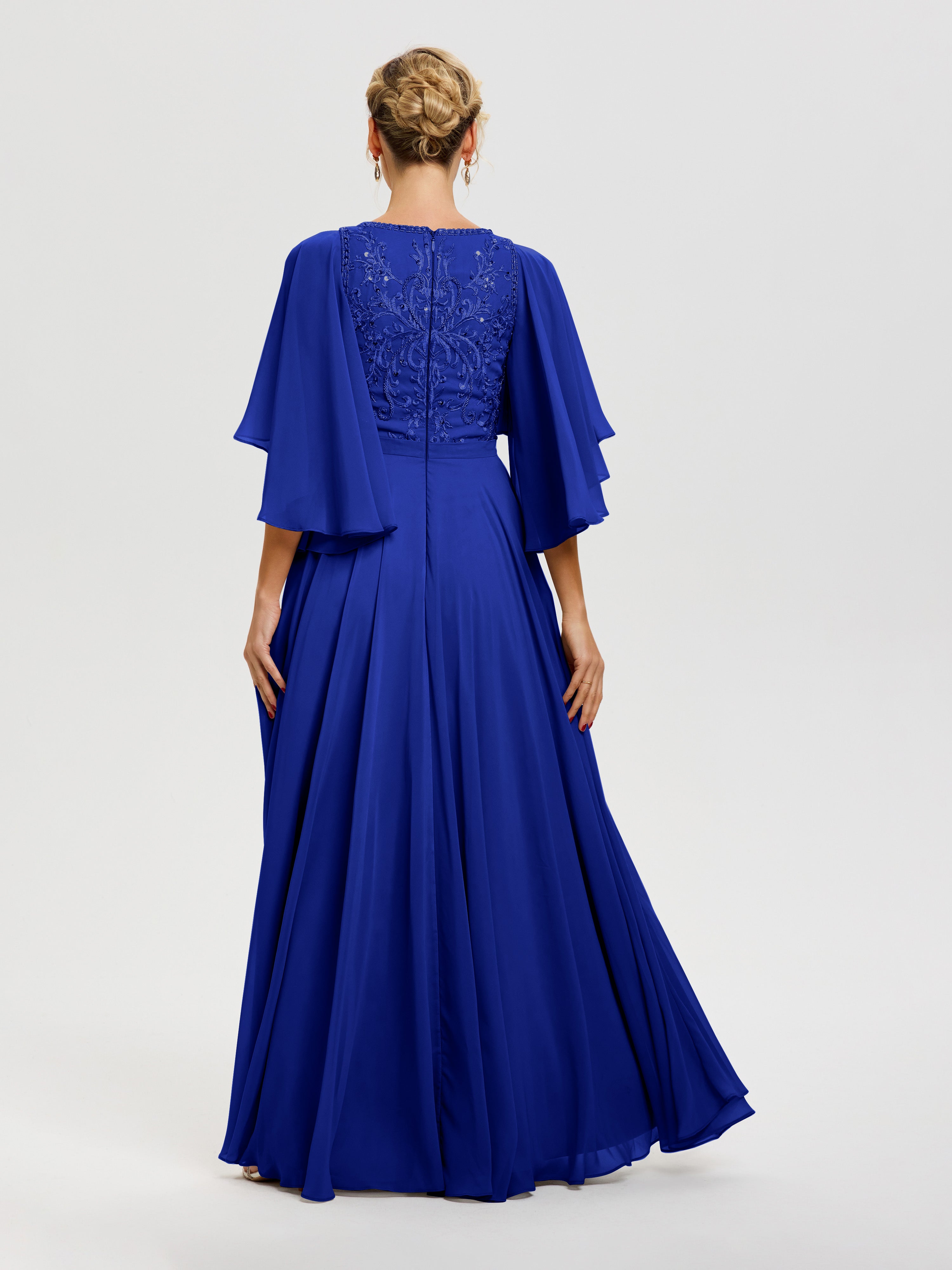 Robe Mère De La Mariée Moderne Bleu Royale Col V Mousseline & Dentelle Robe Mère De Mariée Manches À Volants