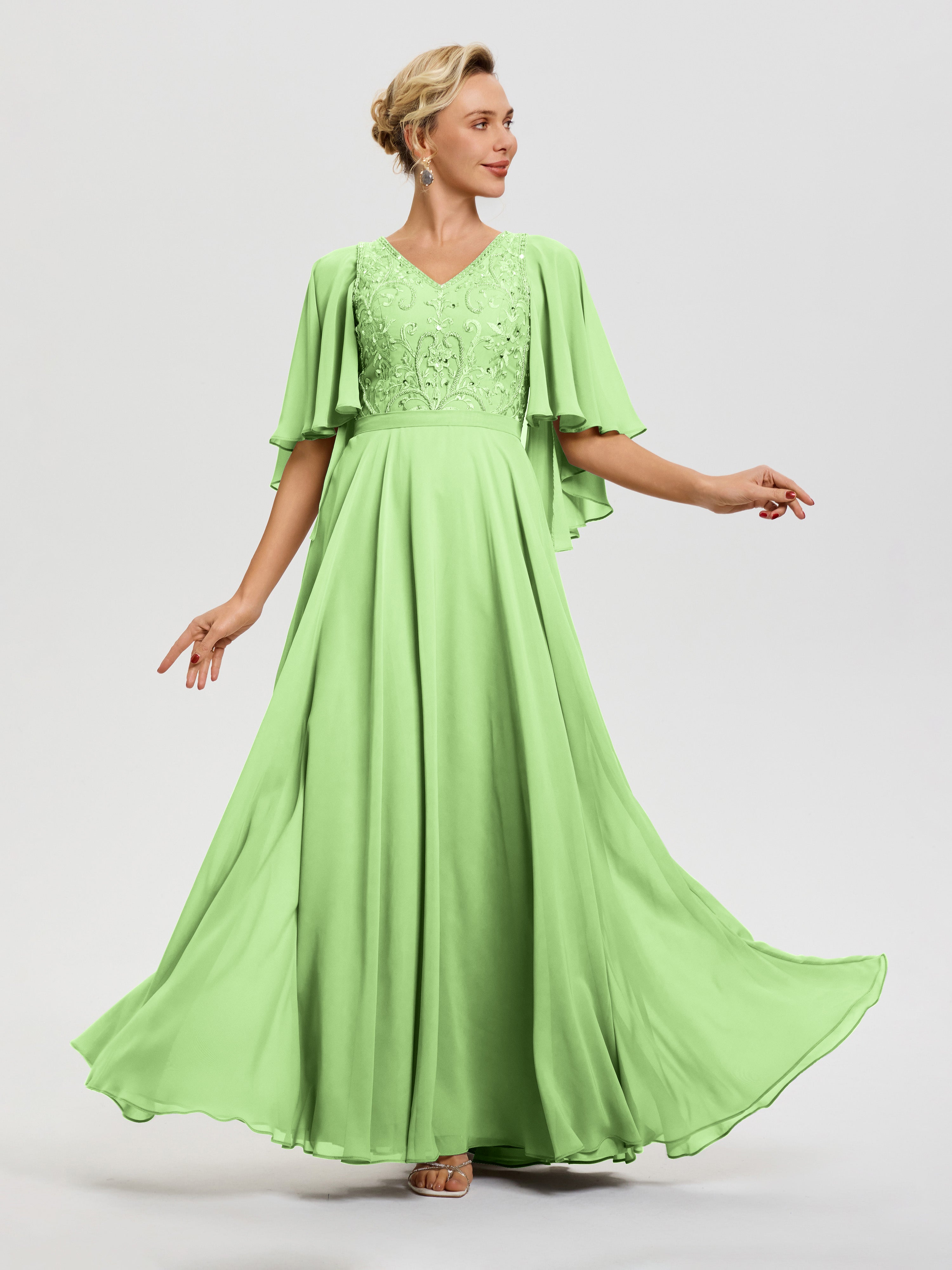 Robe Mère De La Mariée Vert Sauge Col V Mousseline & Dentelle Robe Mère De Mariée Manches À Volants