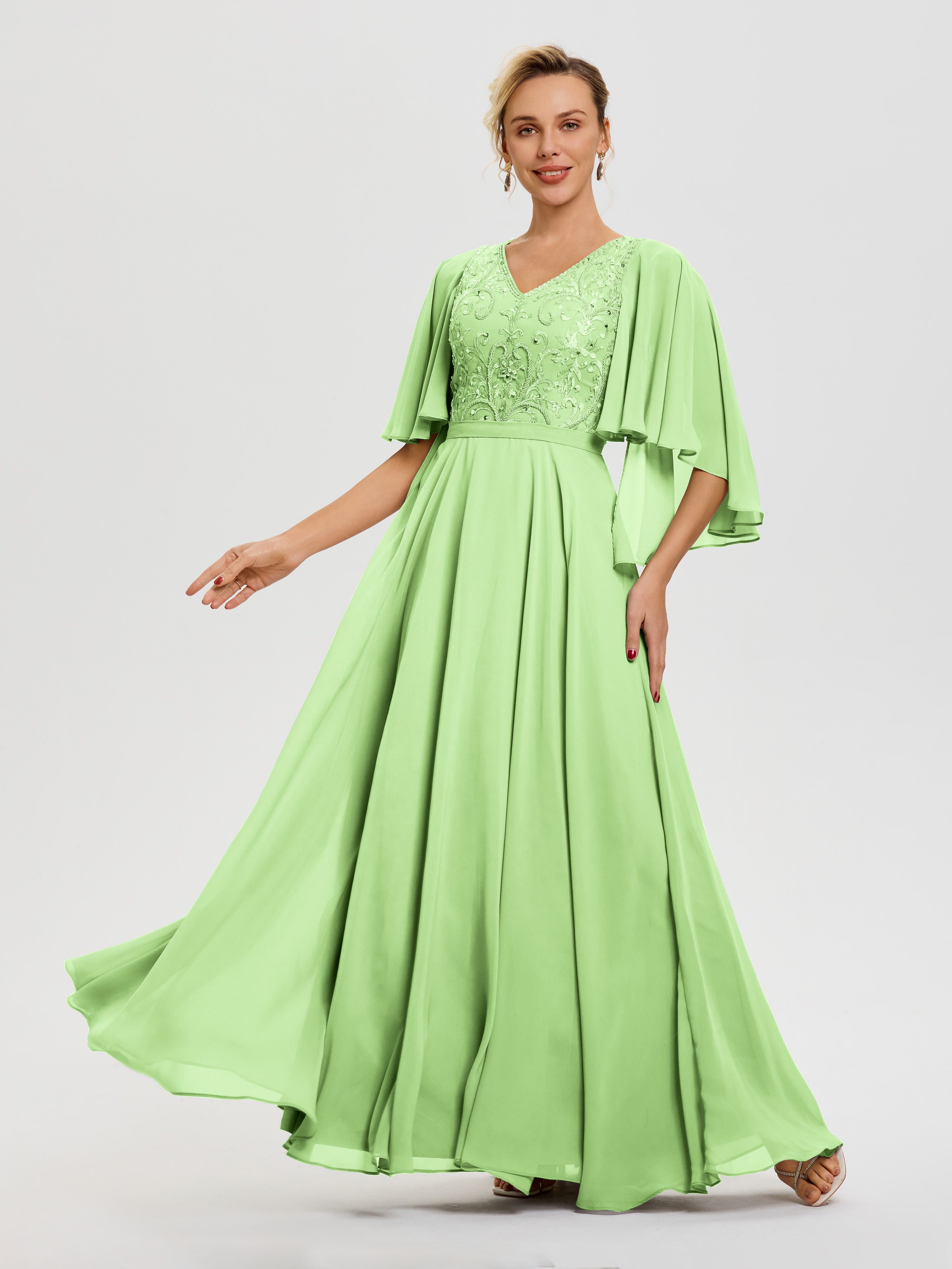 Robe Mère De La Mariée Vert Sauge Col V Mousseline & Dentelle Robe Mère De Mariée Manches À Volants