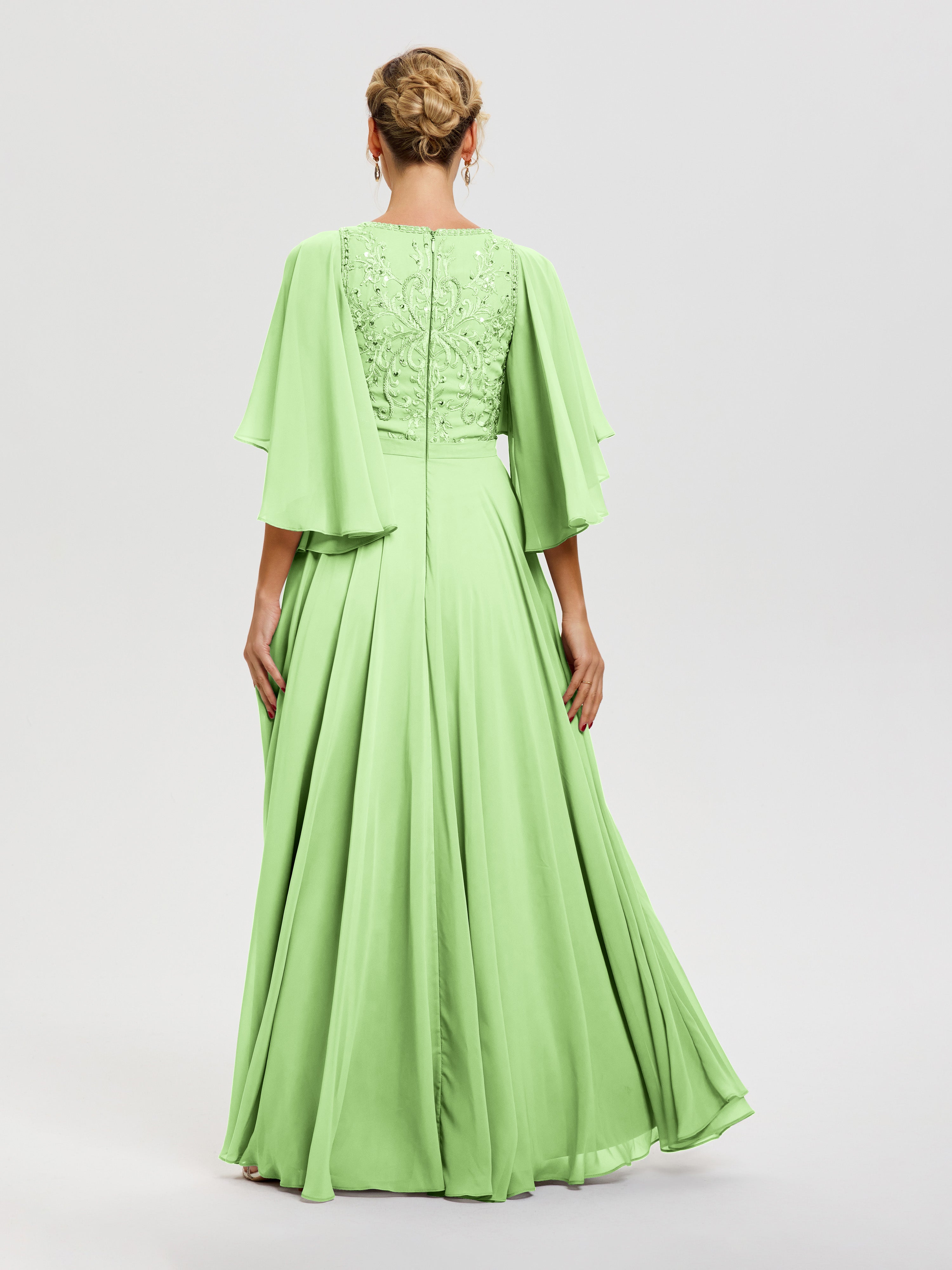 Robe Mère De La Mariée Vert Sauge Col V Mousseline & Dentelle Robe Mère De Mariée Manches À Volants