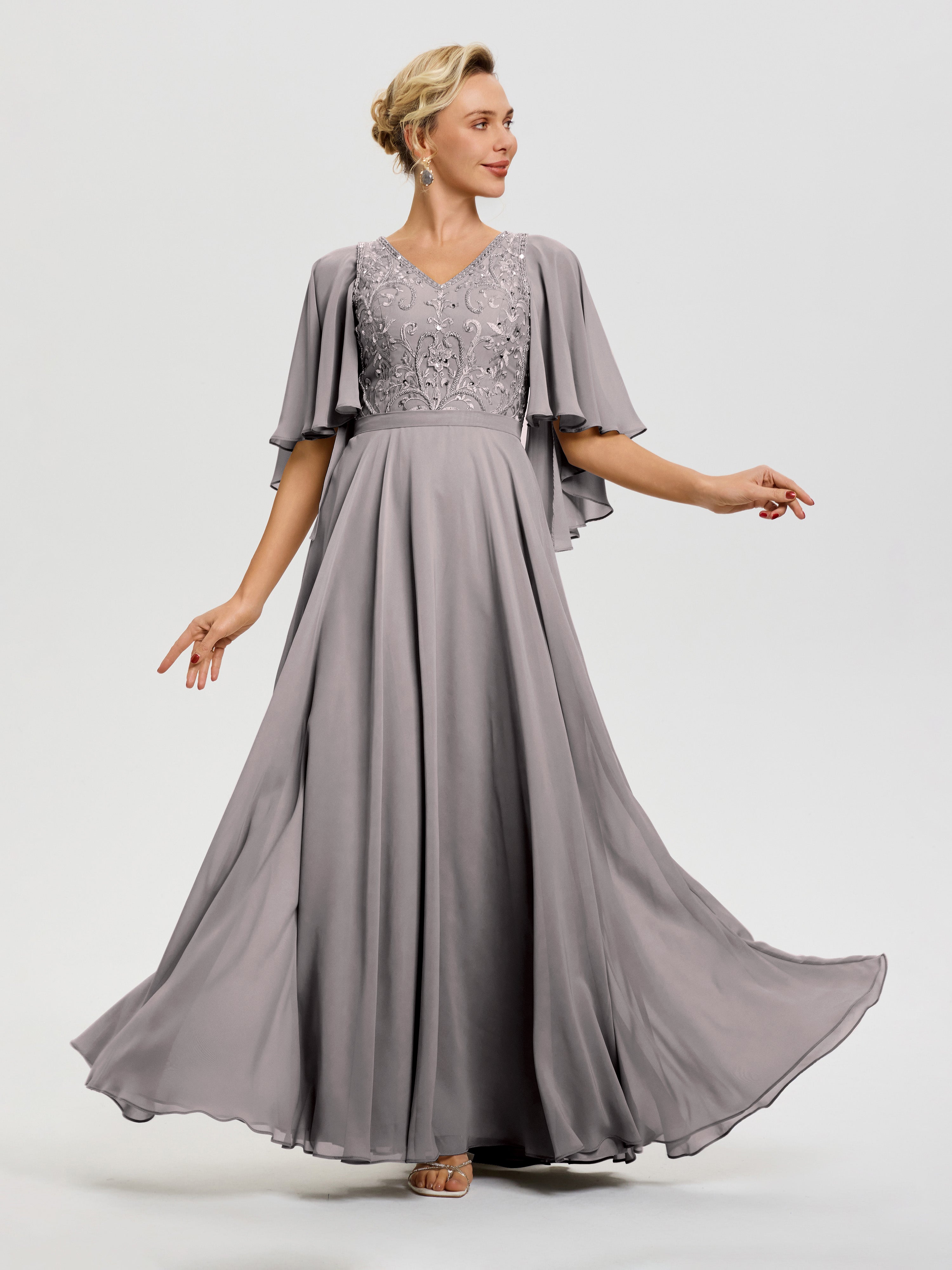 Robe Mère De La Mariée Moderne Argent Col V Mousseline & Dentelle Robe Mère De Mariée Manches À Volants