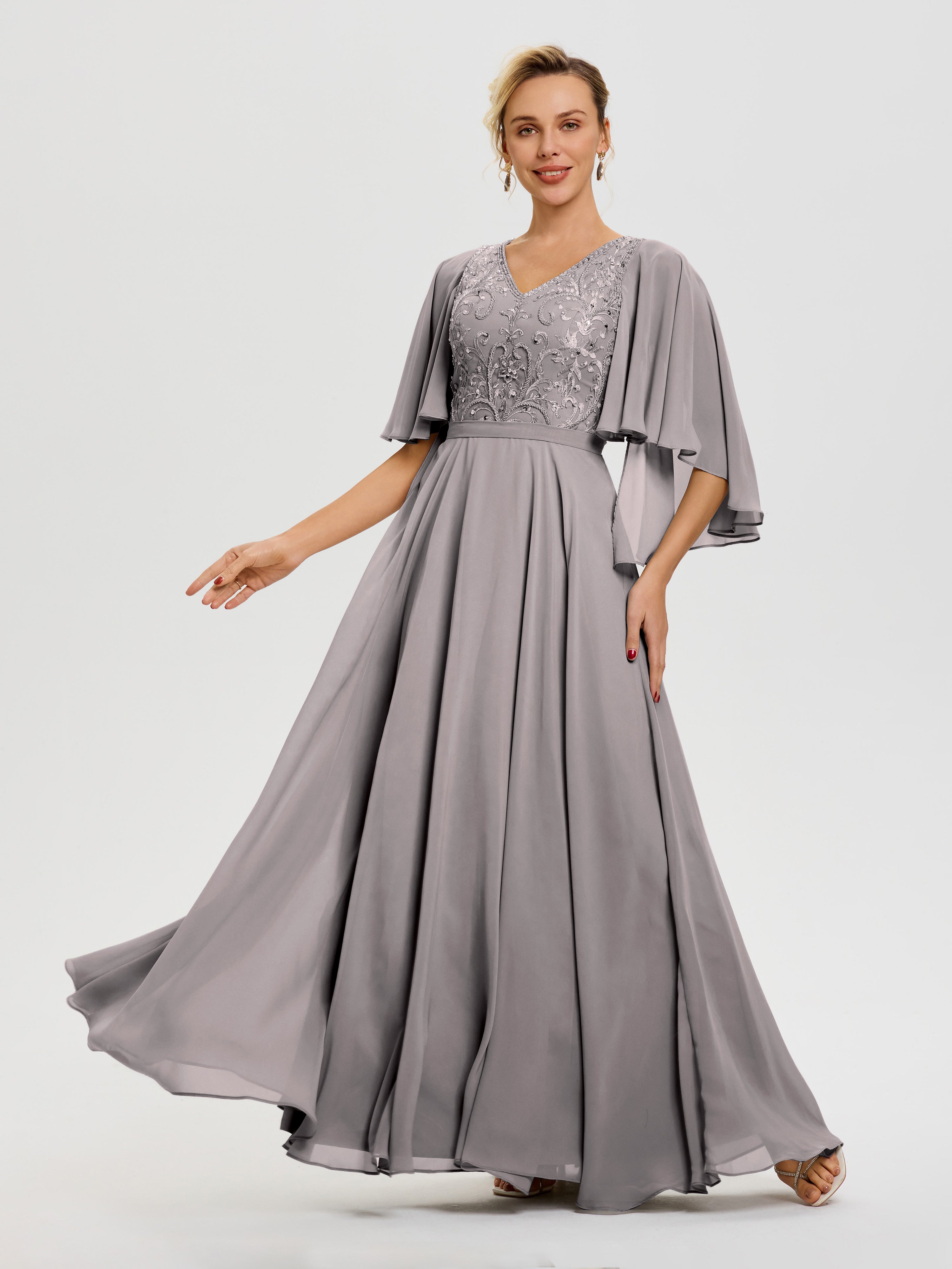 Robe Mère De La Mariée Moderne Argent Col V Mousseline & Dentelle Robe Mère De Mariée Manches À Volants