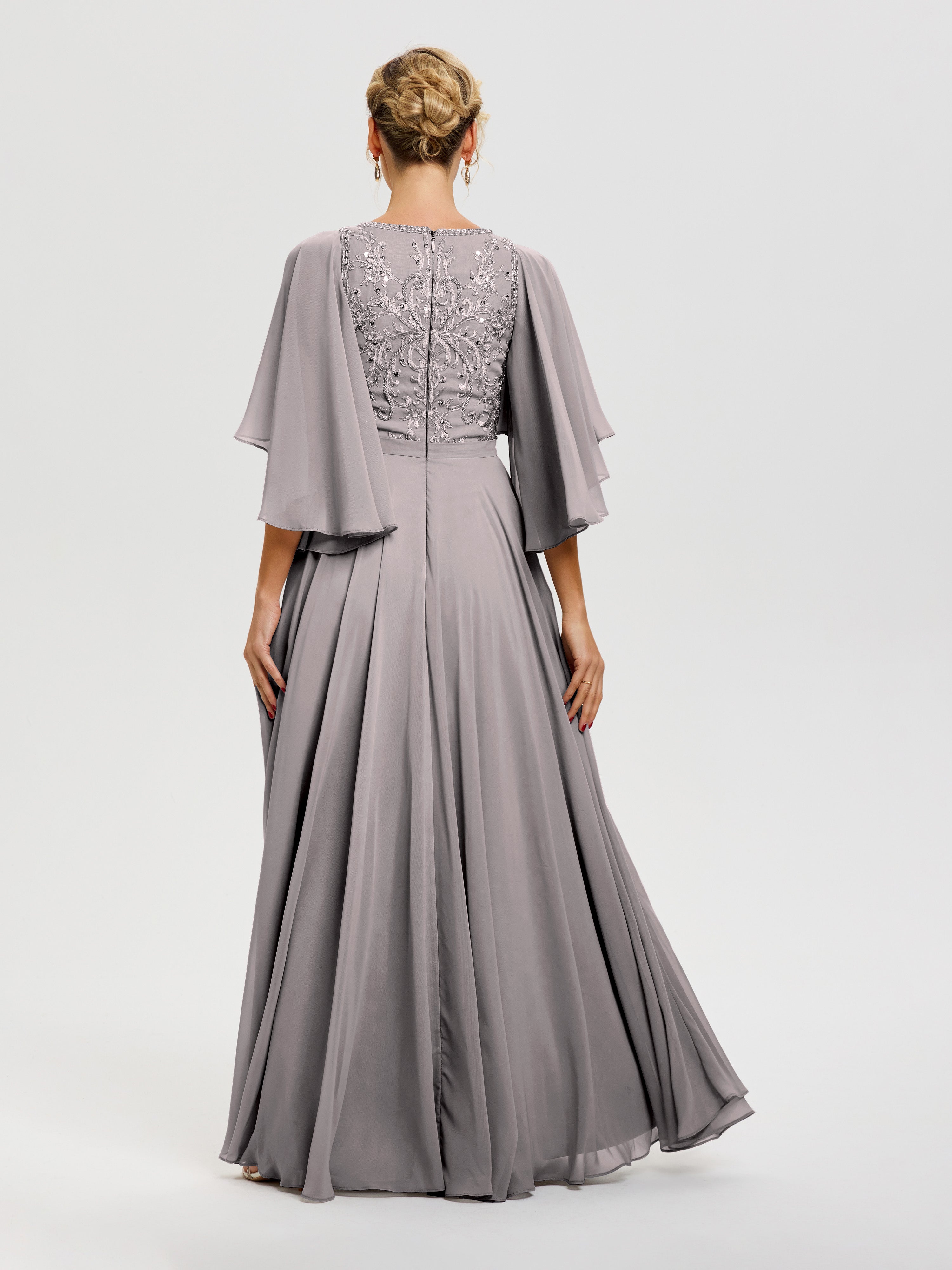 Robe Mère De La Mariée Moderne Argent Col V Mousseline & Dentelle Robe Mère De Mariée Manches À Volants