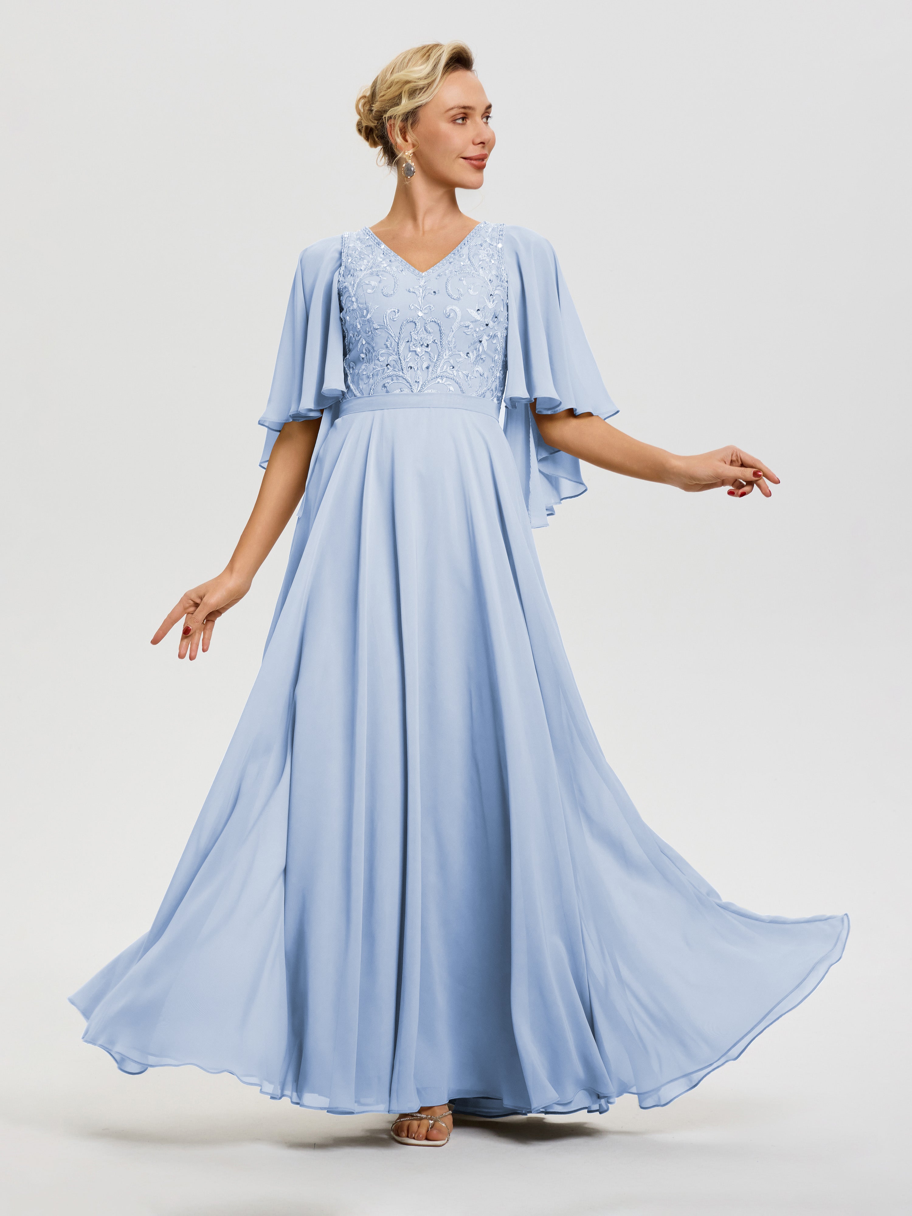 Robe Mère De La Mariée Moderne Bleu Ciel Col V Mousseline & Dentelle Robe Mère De Mariée Manches À Volants