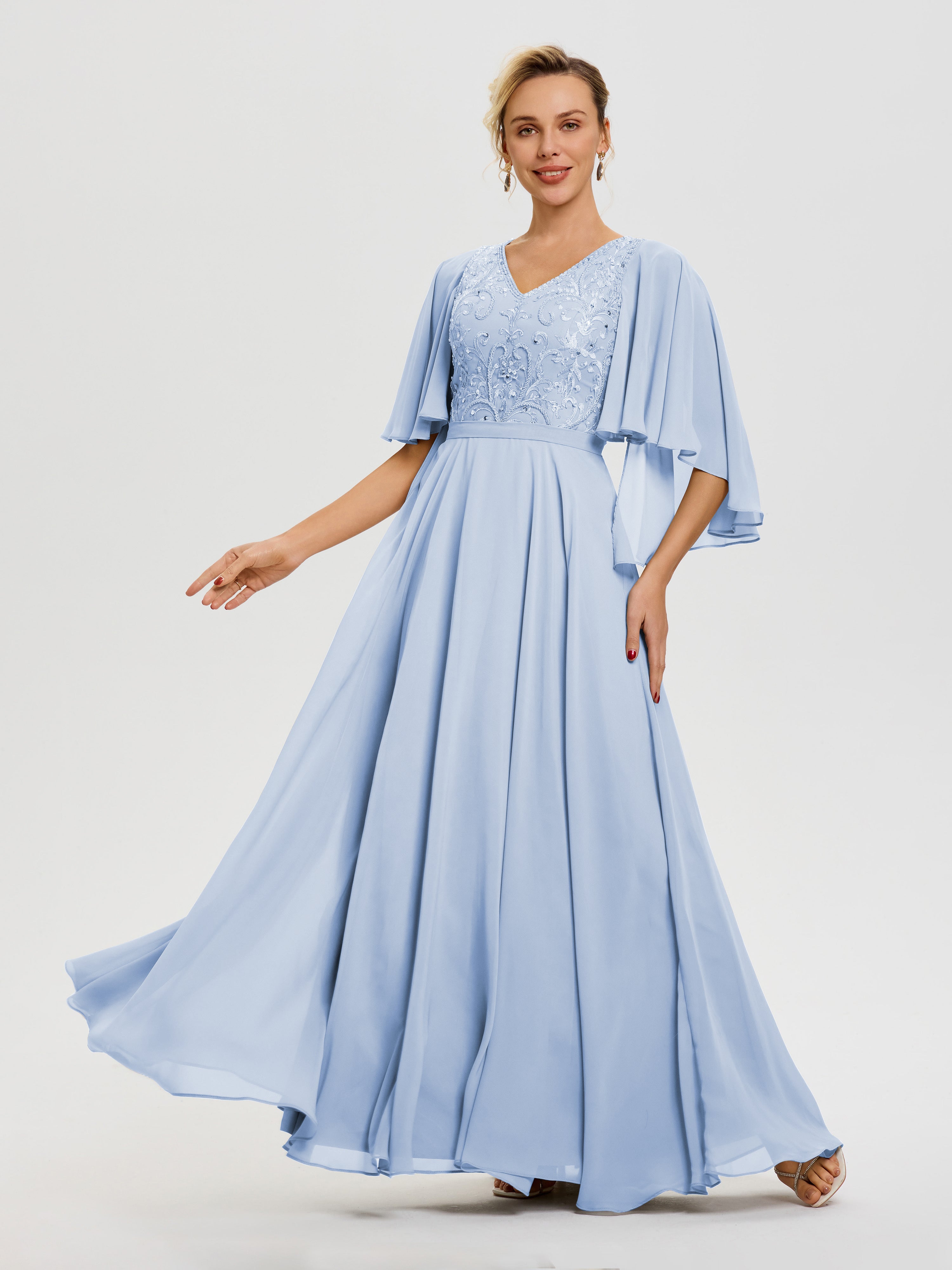 Robe Mère De La Mariée Moderne Bleu Ciel Col V Mousseline & Dentelle Robe Mère De Mariée Manches À Volants