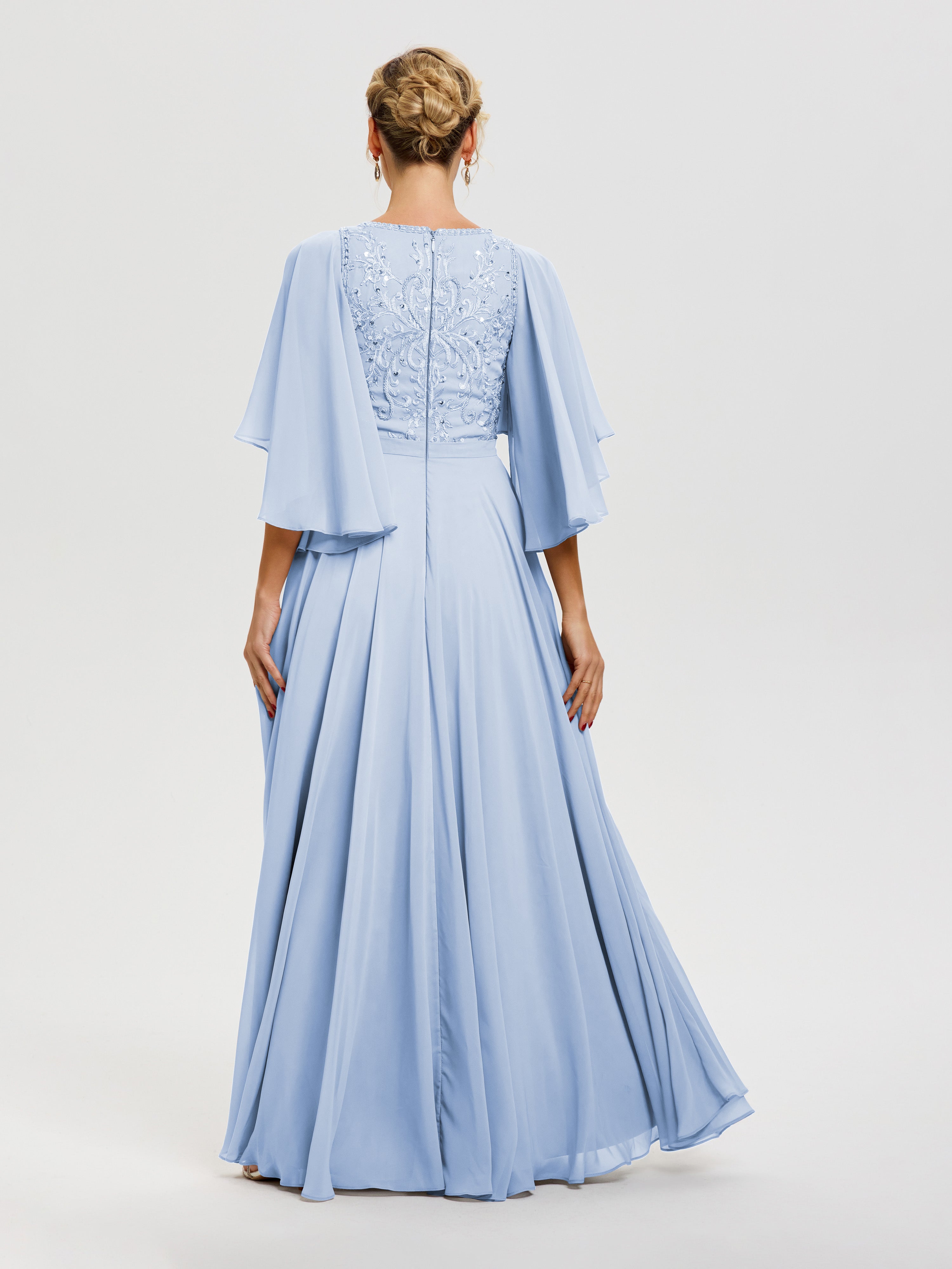 Robe Mère De La Mariée Moderne Bleu Ciel Col V Mousseline & Dentelle Robe Mère De Mariée Manches À Volants