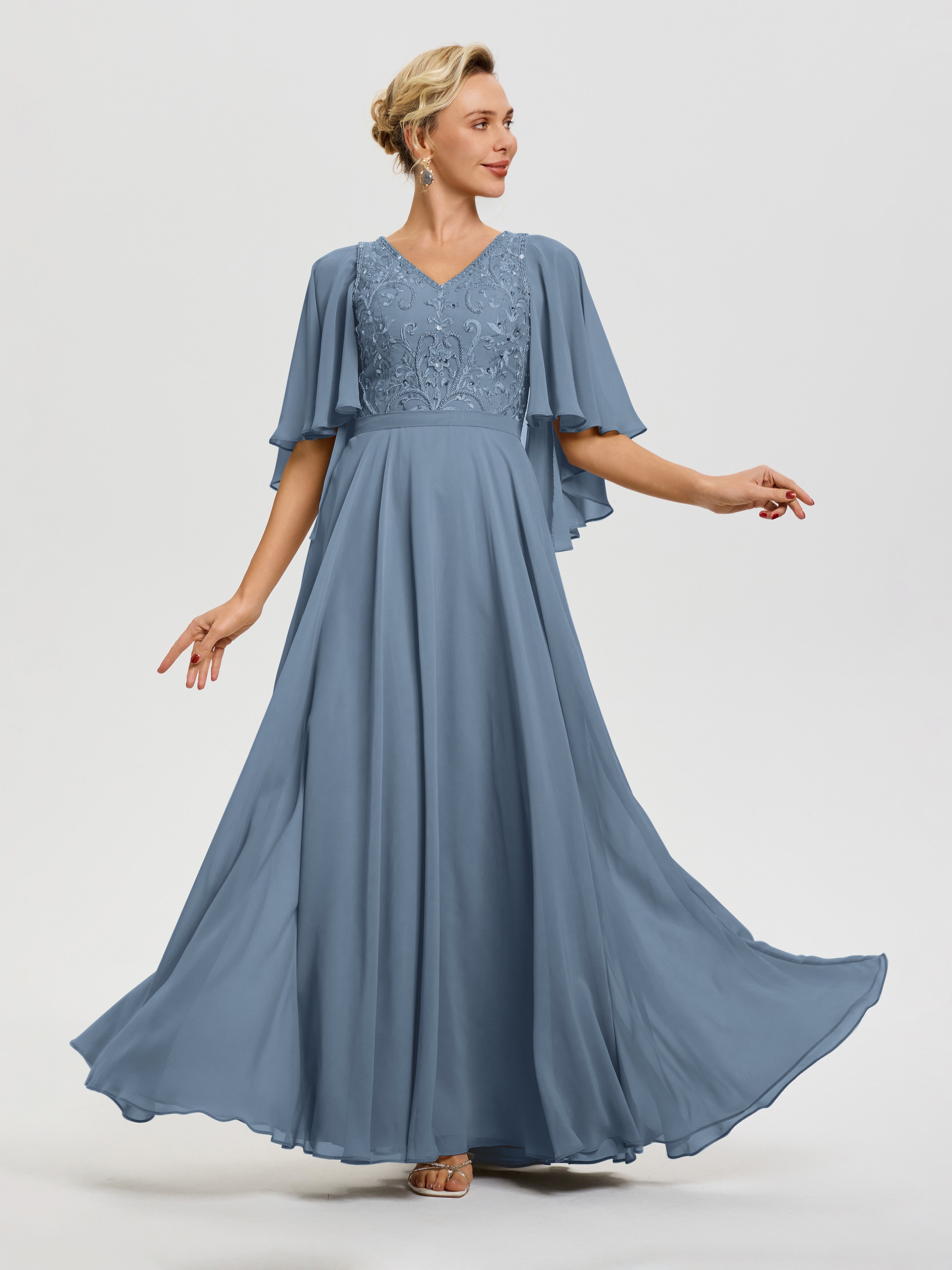 Robe Mère Du Marié Bleu De Schiste Col V Mousseline & Dentelle Robe Mère De Mariée Manches À Volants