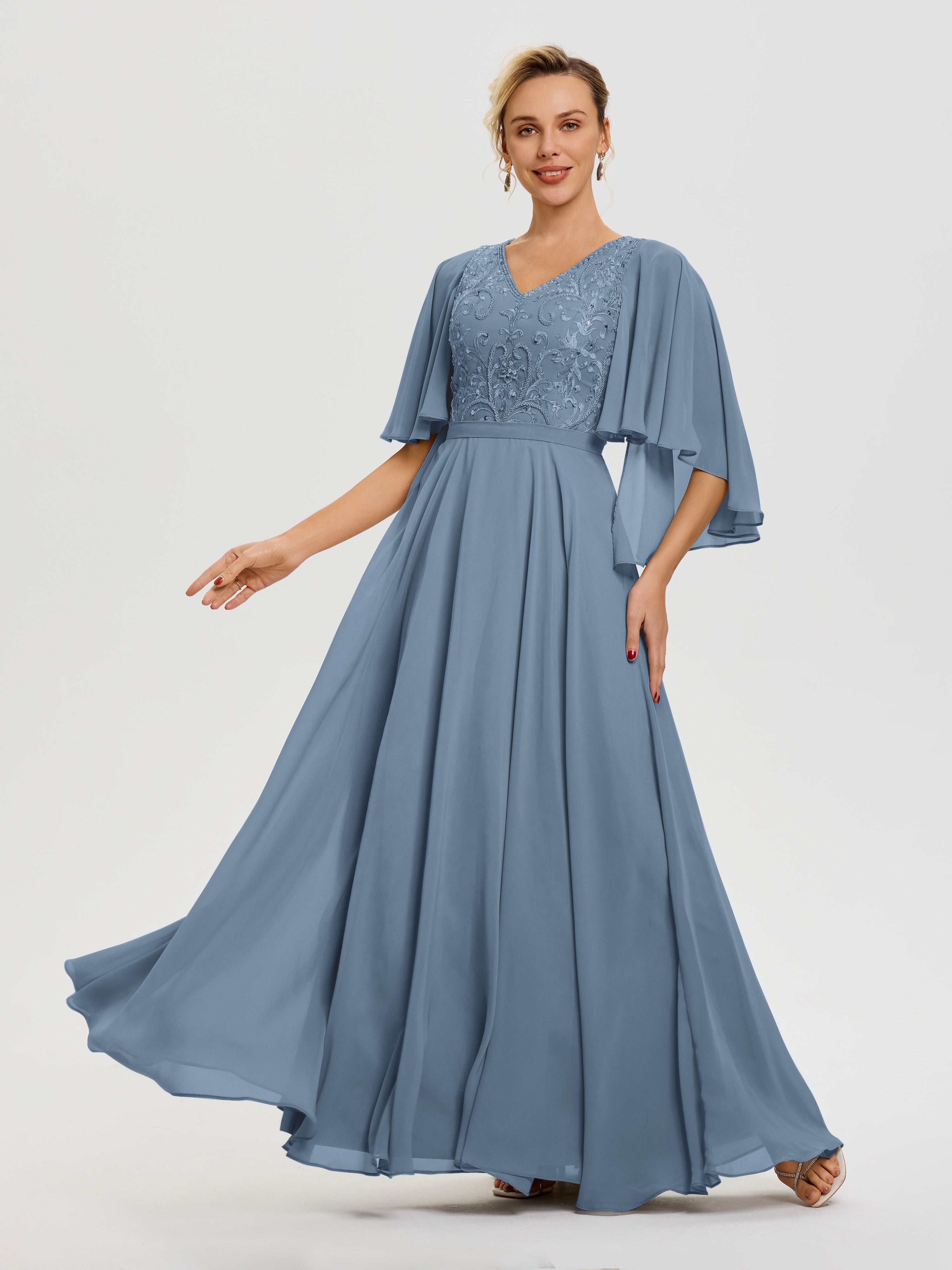 Robe Mère Du Marié Bleu De Schiste Col V Mousseline & Dentelle Robe Mère De Mariée Manches À Volants