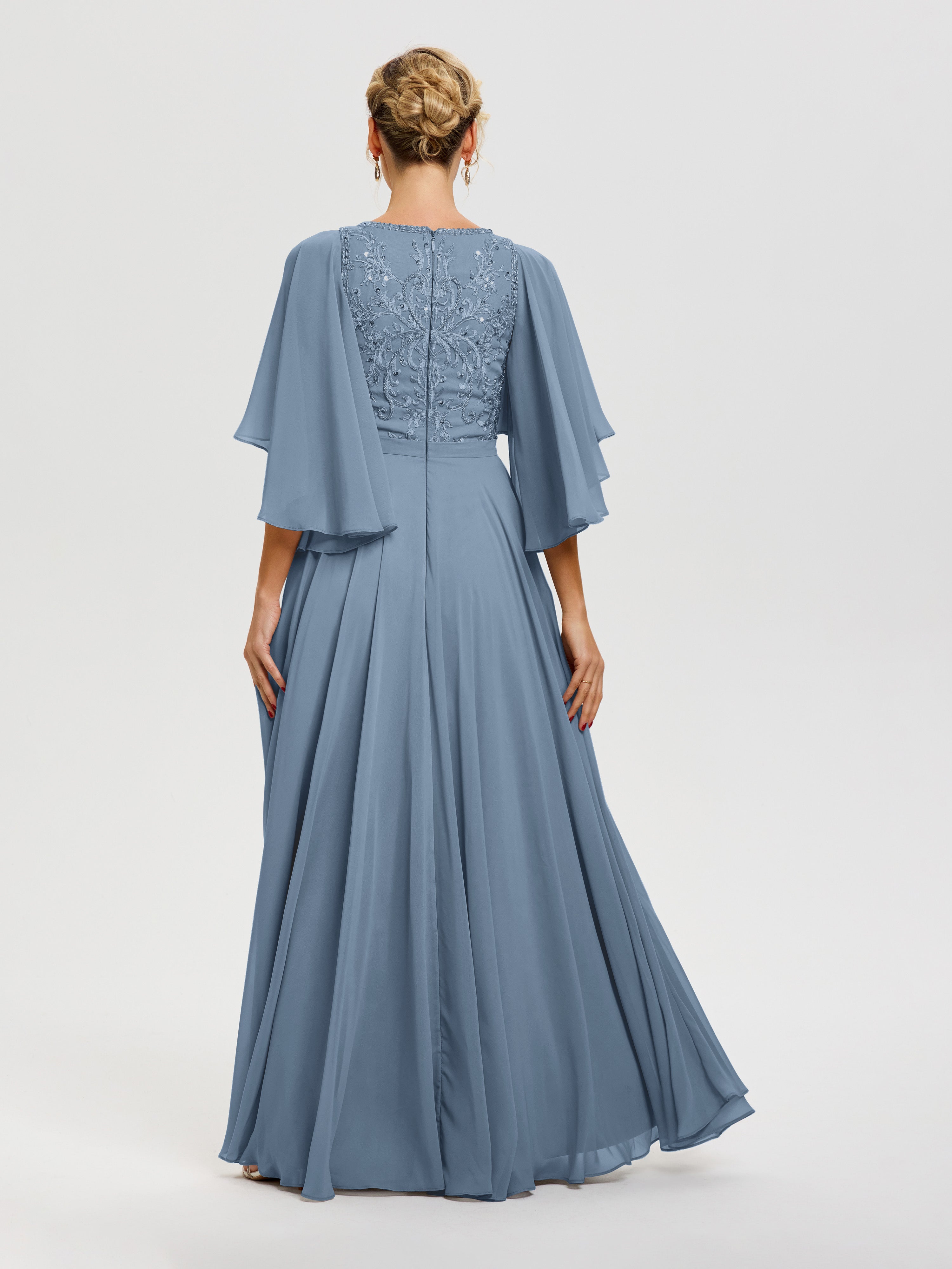 Robe Mère Du Marié Bleu De Schiste Col V Mousseline & Dentelle Robe Mère De Mariée Manches À Volants